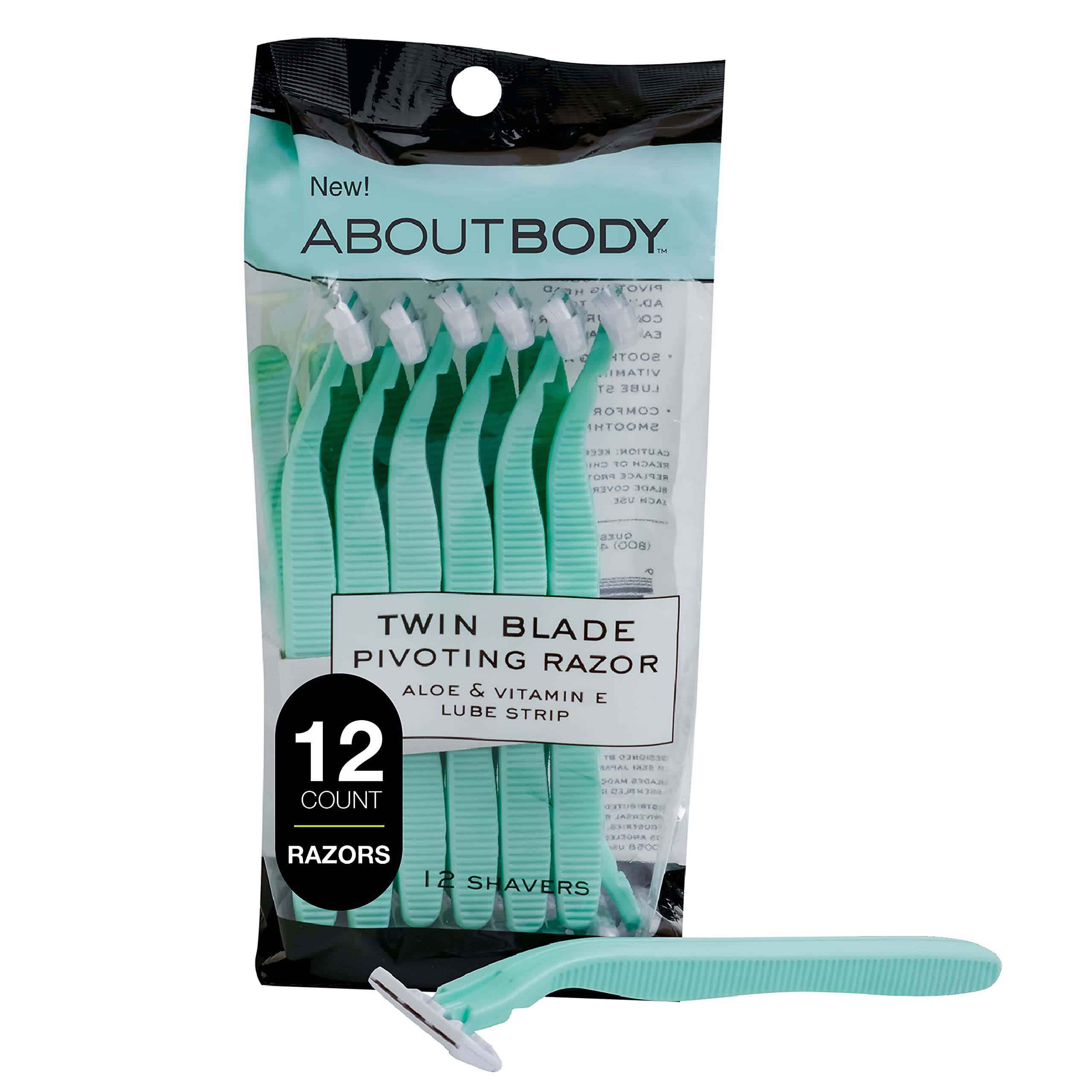 About Face Kai About Body Twin Blade Pivoting Disposable Razors,12 Shaver per Package;Curve-Hugging Pivoting Head Adjust to Body Contours;Aloe & Vitamin E Lube Strip Sooth Skin for Easy,Quick Shaving