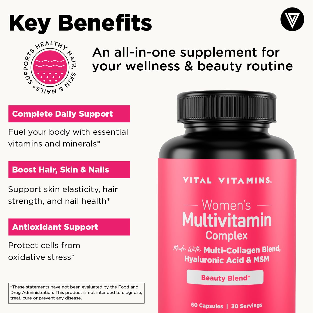 Vital Vitamins Women's Multivitamin Complex - Made with Multi-Collagen Blend, Hyaluronic Acid, & MSM - Beauty Multivitamins - with Vitamin A, C, E, B6, B12, D3-60 Capsules