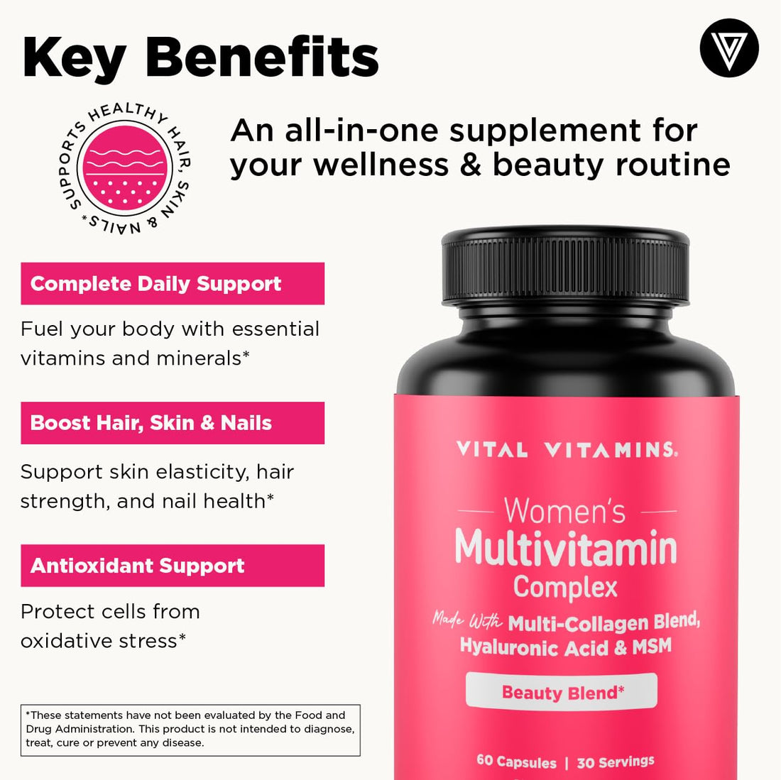 Vital Vitamins Women's Multivitamin Complex - Made with Multi-Collagen Blend, Hyaluronic Acid, & MSM - Beauty Multivitamins - with Vitamin A, C, E, B6, B12, D3-60 Capsules