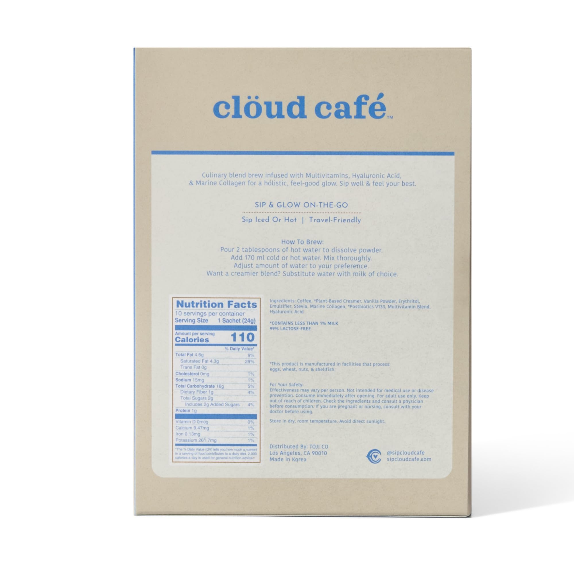 Clöud Café Collagen Infused Vanilla Latte Instant Coffee Packets - Hyalruonic Acid, Multivitamin Powder, & Marine Collagen Single Serve Instant Coffee (10 Sachets)