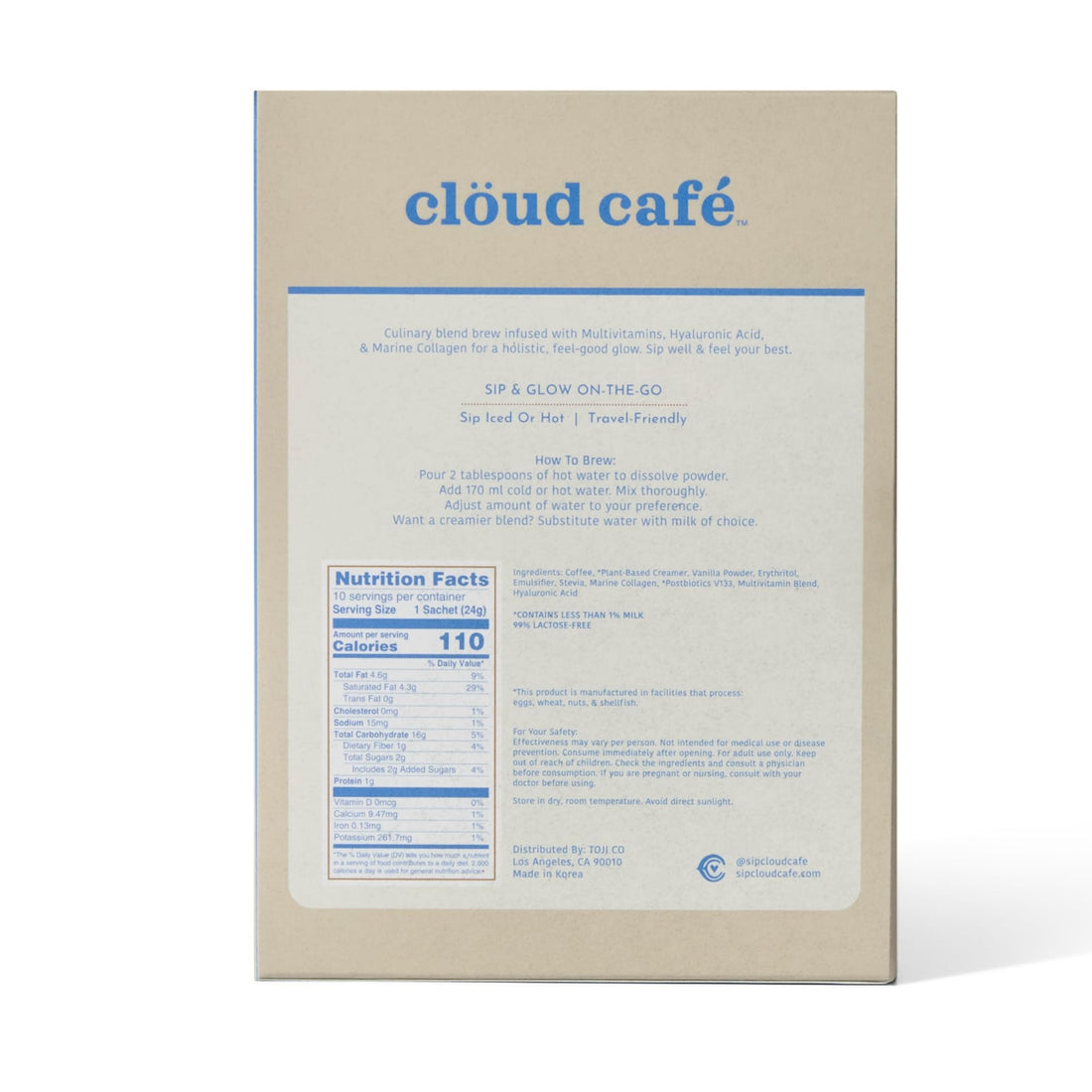 Clöud Café Collagen Infused Vanilla Latte Instant Coffee Packets - Hyalruonic Acid, Multivitamin Powder, & Marine Collagen Single Serve Instant Coffee (10 Sachets)