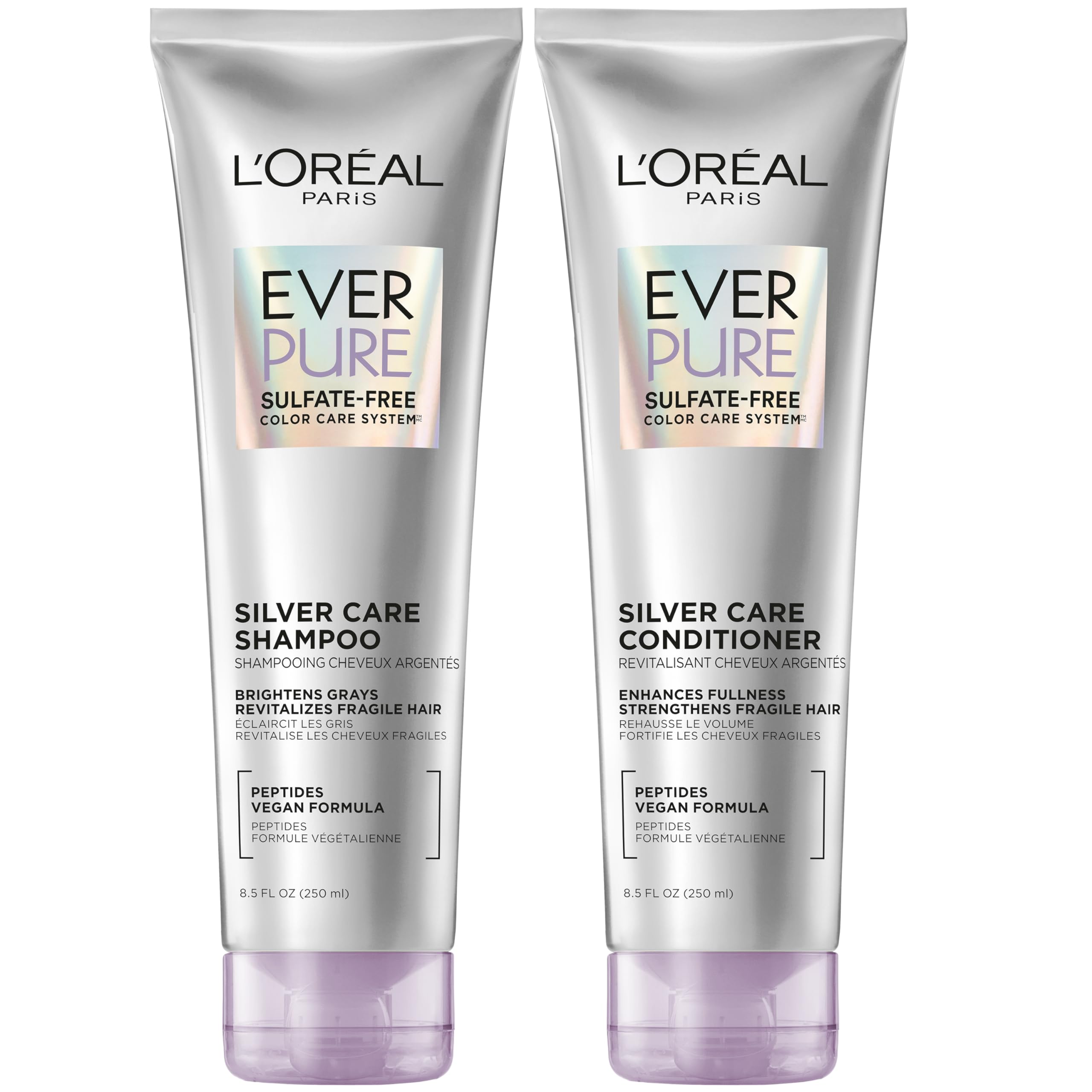 L'Oreal Paris EverPure Silver Care Sulfate Free Shampoo and Conditioner Set, Nourishing Vegan Formula with Peptides for Brightening Gray Hair, 1 Kit