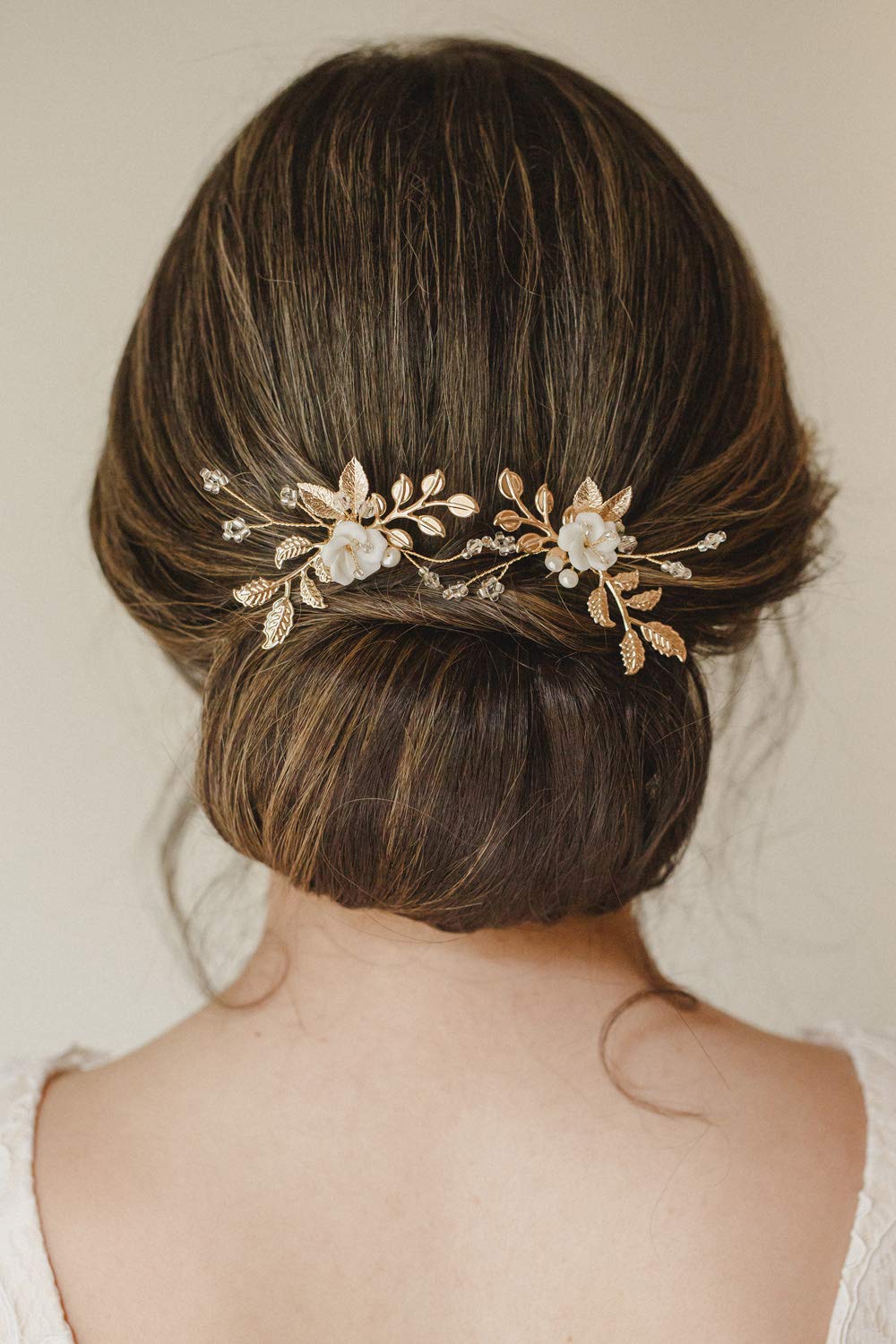 SWEETV 2Pcs Bridal Hair Accessories,Glod Wedding Hair Pins Pieces With White Flowers for Brides
