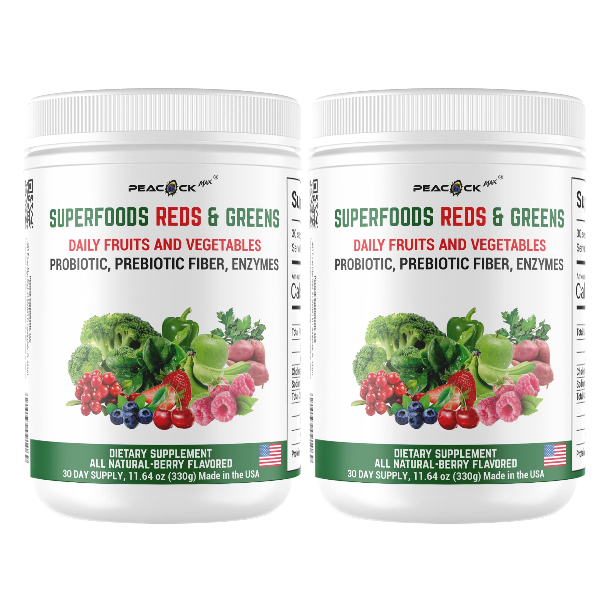 Peacock Max Superfood Reds & Greens Powder - 11.64 oz, Pack of 2, Prebiotics & Probiotics for Digestive Health, Super Greens Powder with Ashwagandha for Gut Health, Immunity, Antioxidants, Vegan