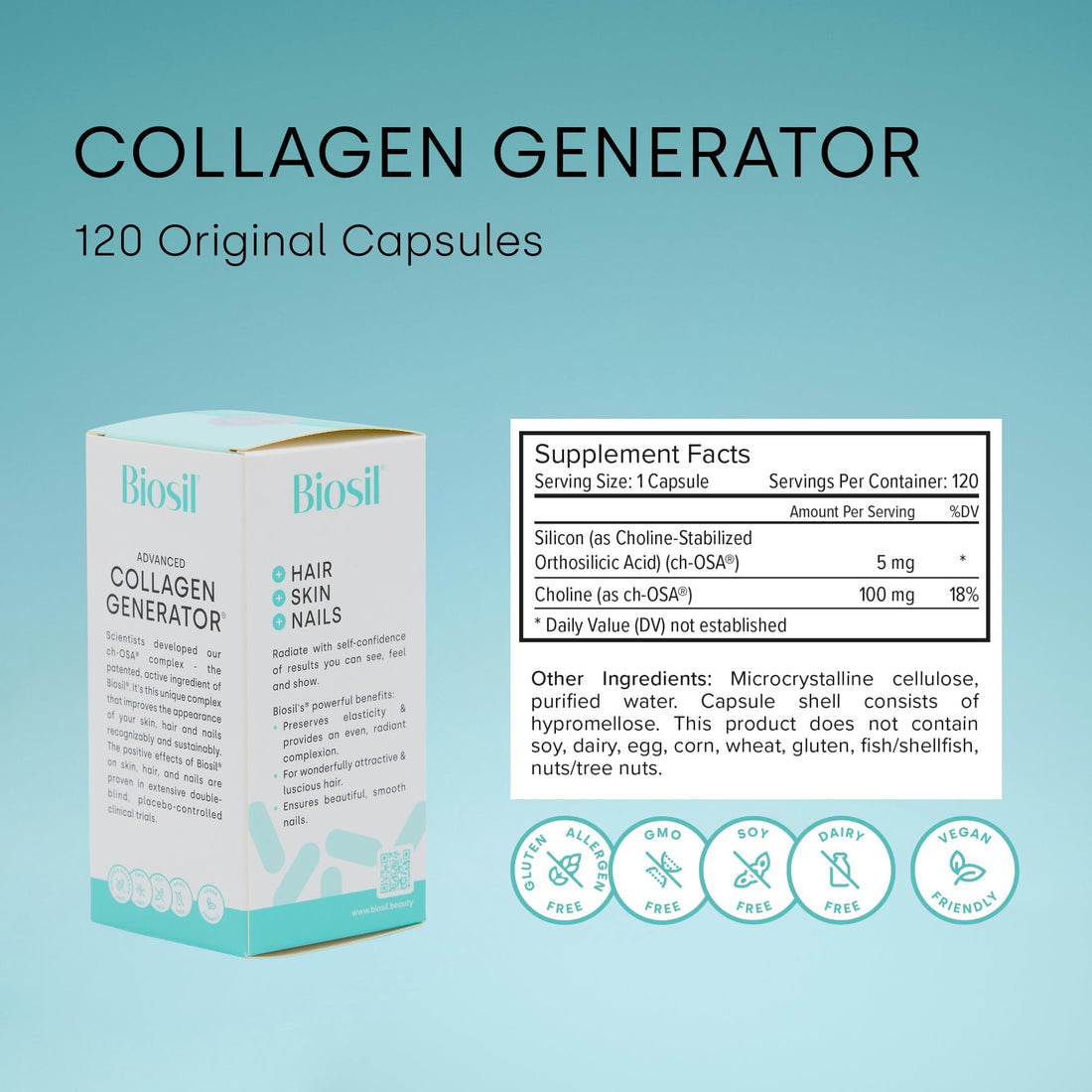 Biosil Collagen Generator - 120 Original Capsules, Pack of 2 - with Patented ch-OSA Complex - Generates & Protects Your Own Collagen - GMO Free - 120-Day Supply