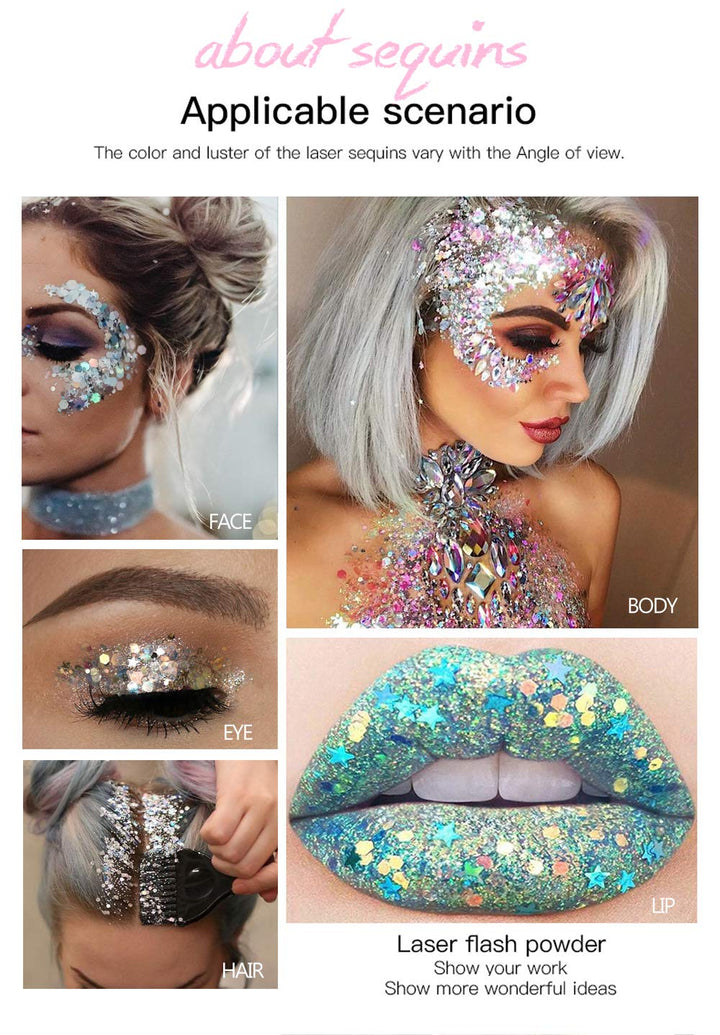 AKARY Body Glitter Gel Nail Hair Body Face Flash Eye shadow Glitter Cream Chunky Glitter Mermaid Scale Sequins Christmas Festival Painting New Year Decoration Makeup (White)