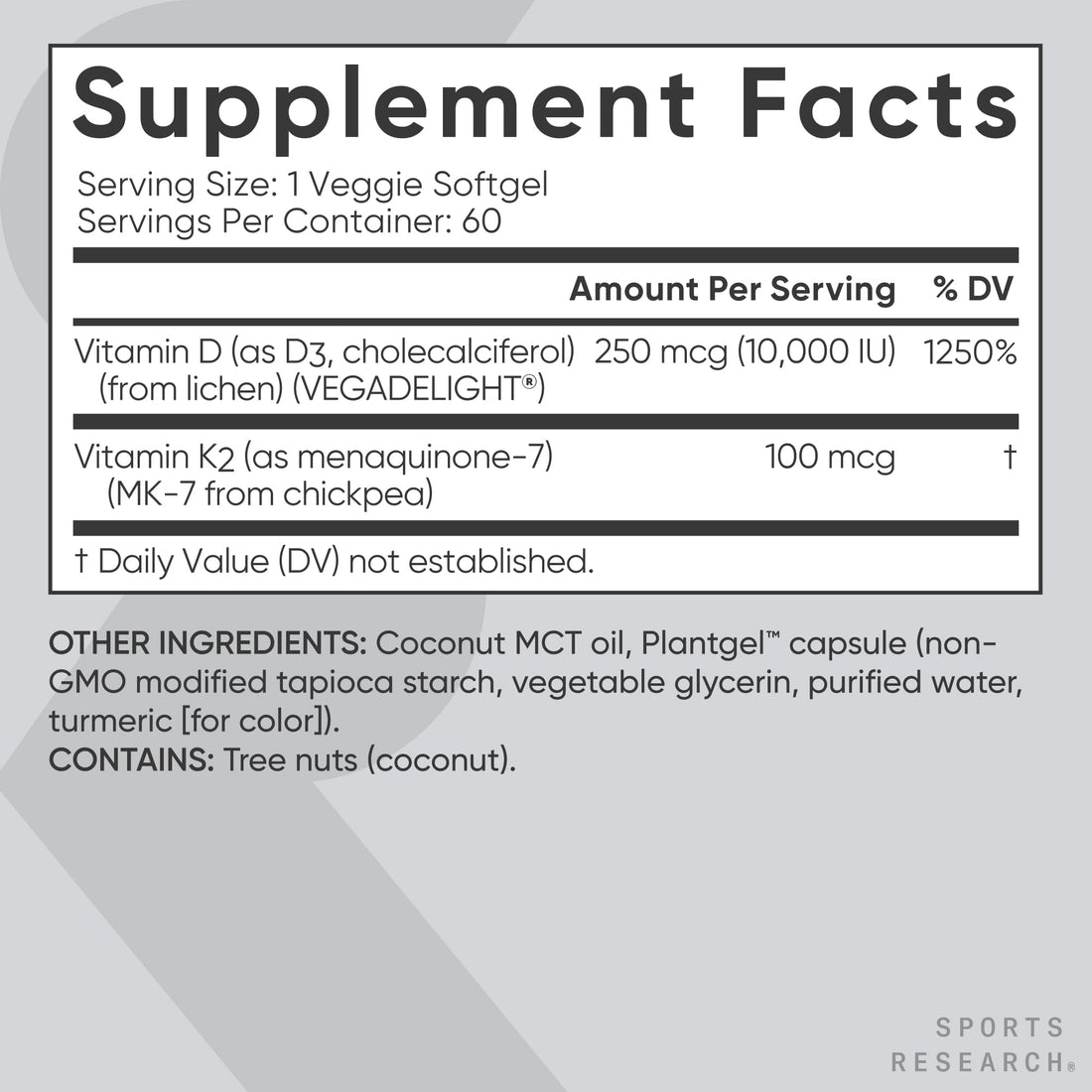Sports Research® Vegan D3 10,000iu with Vitamin K2 100mg - Formulated with Coconut MCT Oil - Vegan Certified, Soy & Gluten Free - 60 Softgels