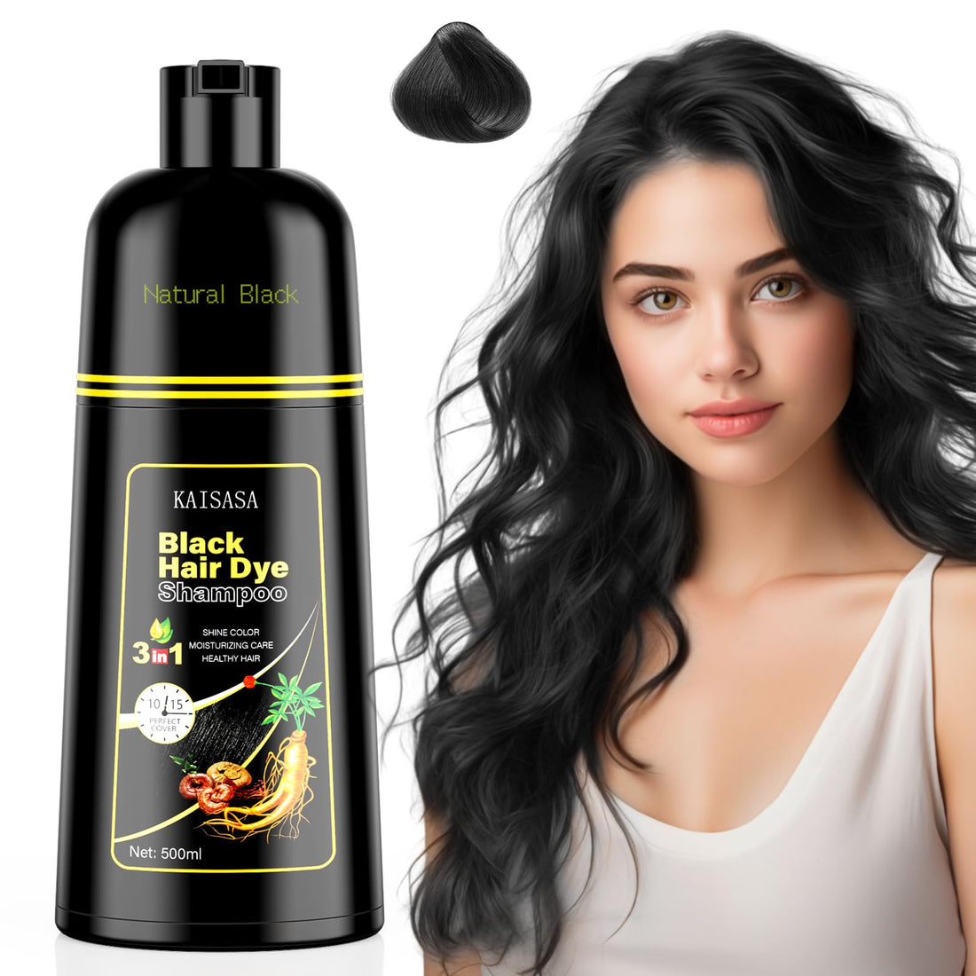 JUANCHI Black hair dye shampoo 3 in 1,Hair Dye Shampoo for Women and Men,Long Lasting,Easy to Use(500ml,16.9oz)