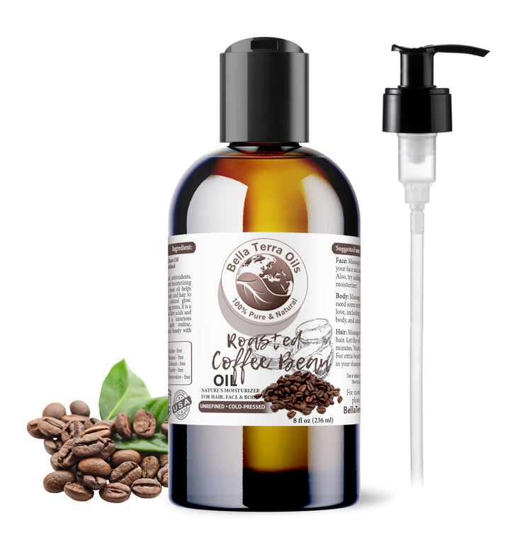 NEW Roasted Coffee Bean Oil. 8oz. Cold-pressed. Unrefined. Organic. 100% Pure. Rich in Antioxidants. Hexane-free. Improves Under-Eye Circles. Natural Moisturizer. For Hair, Skin, Nails, Stretch Marks.