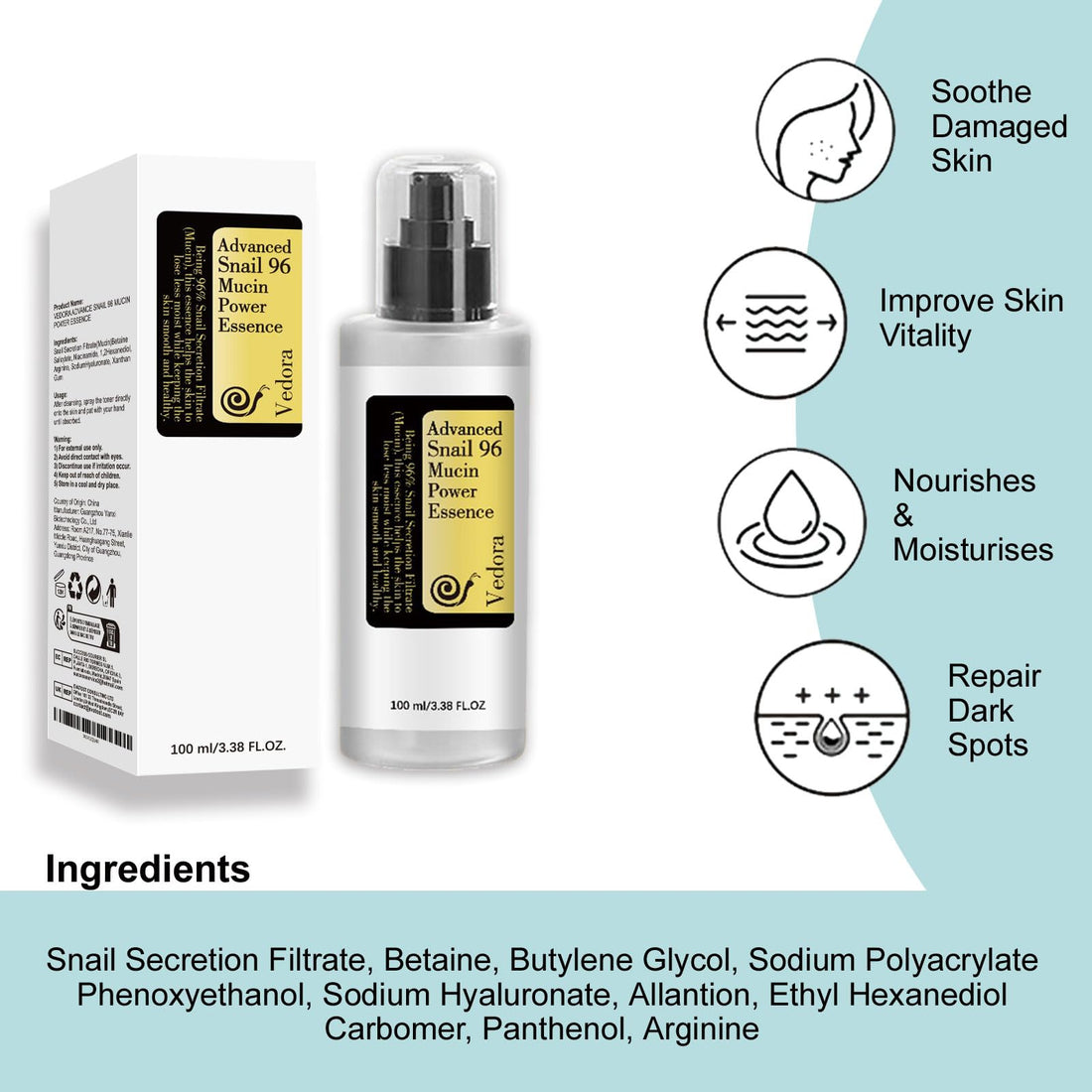 (3Pc) Vedora Snail Mucin 96% Power Hydrating Essence: Moisturizing Serum with Snail Secretion Filtrate for Radiant, Nourished Skin (100ml each) Set