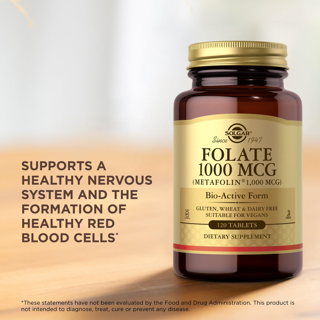 Solgar Folate 1000 mcg - 120 Tablets - 1000 mcg Bio-Active Metafolin - Vegan, Gluten Free, Dairy Free, Kosher - 120 Servings