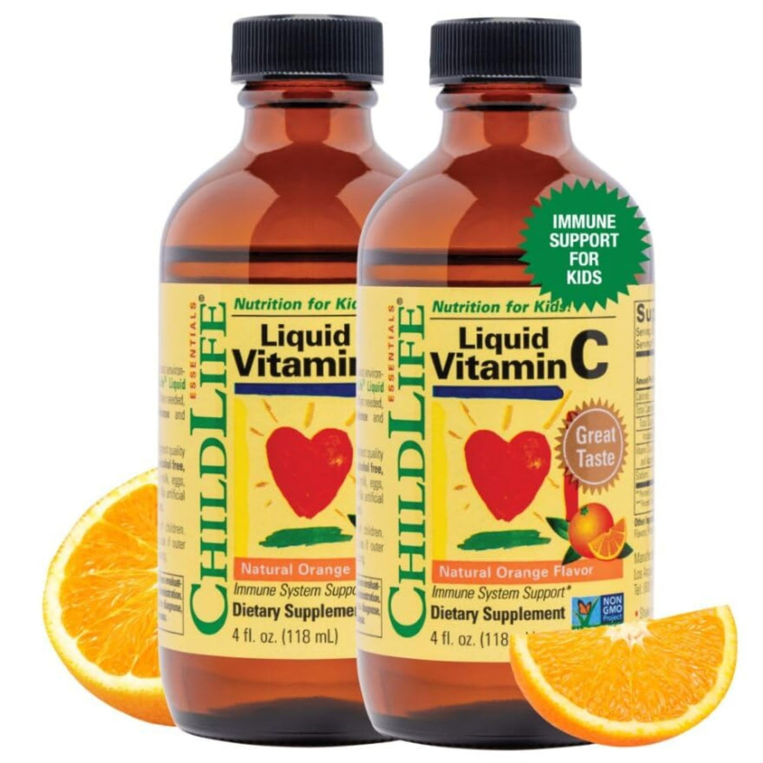 CHILDLIFE ESSENTIALS Liquid Vitamin C - Pure Vitamin C Liquid, Vitamin C for Kids, Liquid Supplement, Immune System Support, Great Taste - Natural Orange, 4 Fl Oz (Pack of 2)