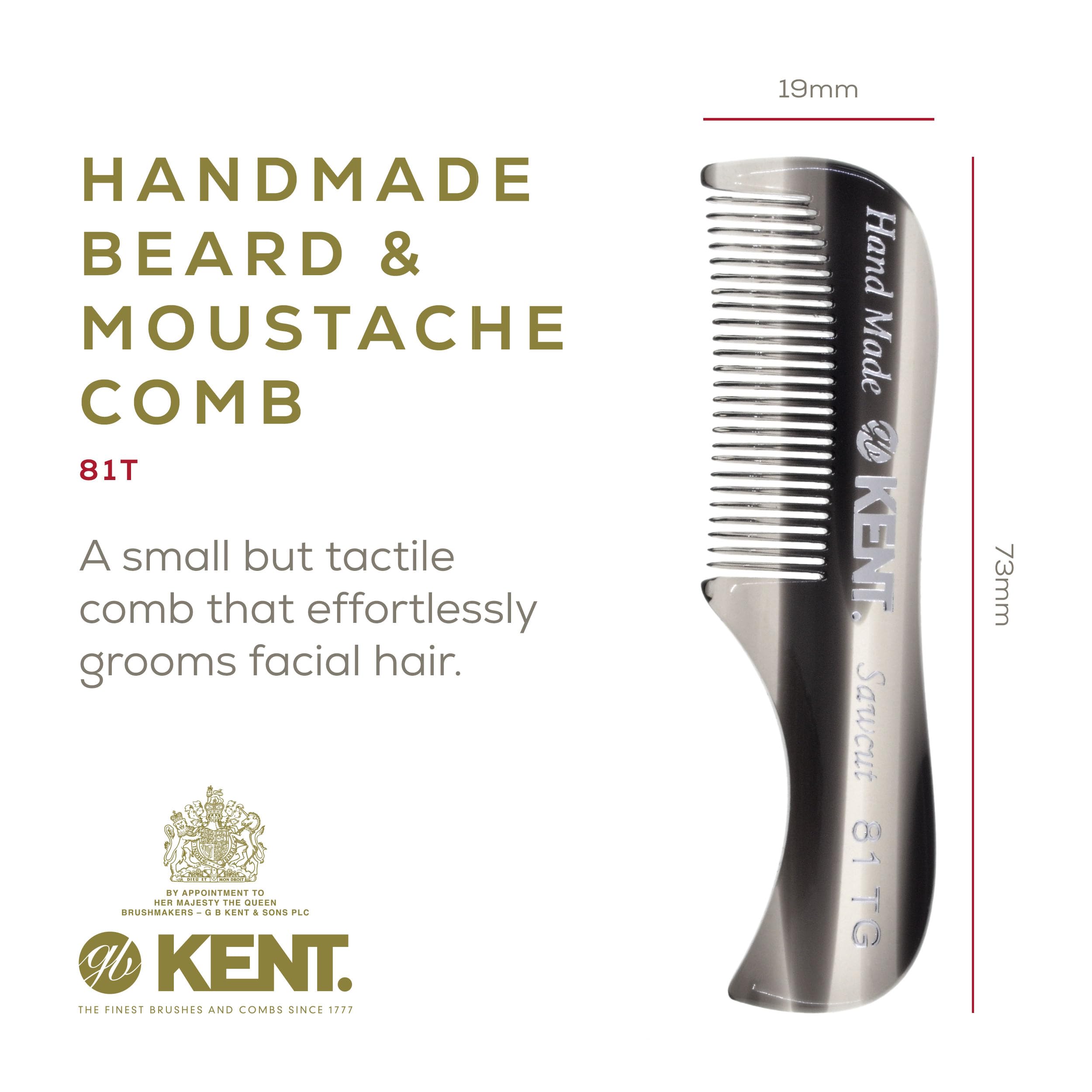 Kent A 81T Graphite X-Small Gentleman's Beard and Mustache Pocket Comb, Fine Toothed Pocket Size for Facial Hair Grooming and Styling. Saw-cut of Cellulose Acetate, Hand Polished. Hand-Made in England