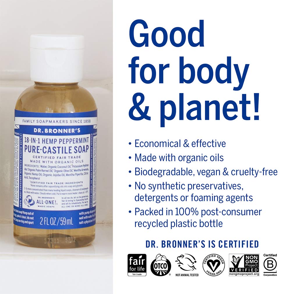Dr. Bronner's Magic Soaps Fair Trade and Organic Castile Liquid Soap, Peppermint, 2 Fluid Ounce
