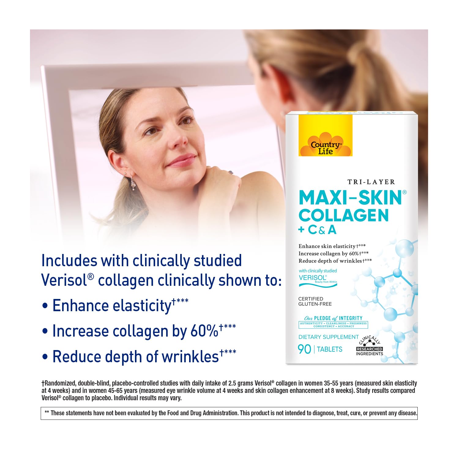 Country Life Verisol Collagen Peptides Tablets - Reduce Depth of W[KB2] rinkles & Enhance Skin Elasticity-90 Tablets-Includes Vitamin A&C - Collagen Powder for Women & Men - Boost Skin Collagen by 60%