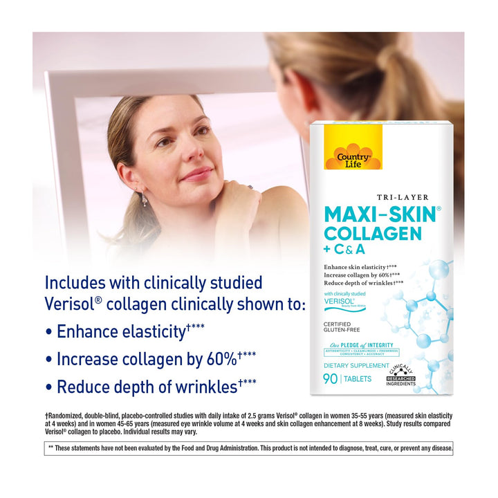 Country Life Verisol Collagen Peptides Tablets - Reduce Depth of W[KB2] rinkles & Enhance Skin Elasticity-90 Tablets-Includes Vitamin A&C - Collagen Powder for Women & Men - Boost Skin Collagen by 60%