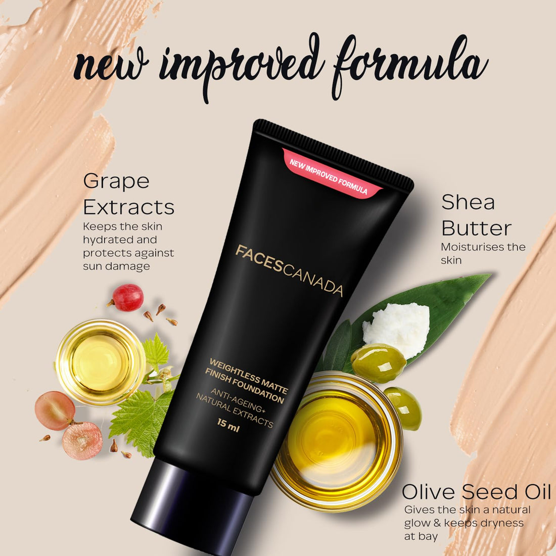 FACES CANADA Weightless Matte Finish Foundation - Natural, 15ml | Lightweight | Natural Finish | Anti-Ageing | Non-Clog Pores | Enriched With Olive Seed Oil, Grape Extract, Shea Butter