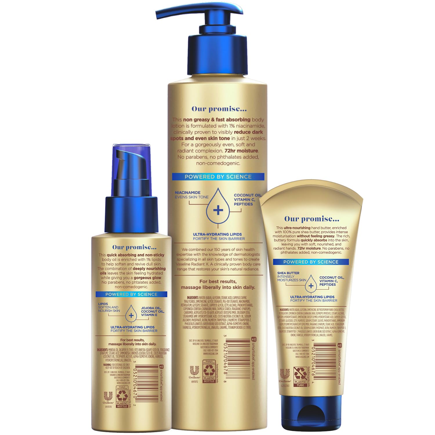 Vaseline Radiant X Skin Care Set - Even Tone Nourishing Body Lotion with 1% Niacinamide & Hydrating Body Oil with 1% Lipids + Deep Nourishment Hand Butter with 100% Pure Shea Butter (3 Piece Set)