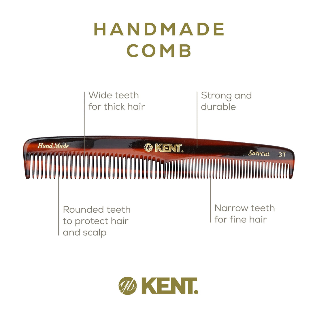 Kent 3T 6 1/2 160mm Handmade Dressing Comb Coarse and Fine Toothed Sawcut (2 PACK)
