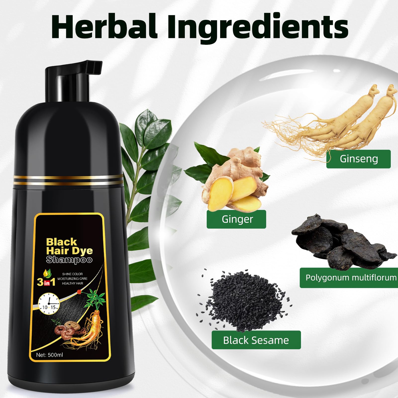 MOISTAR Black Hair Dye Shampoo 3 in 1 for Gray Coverage, Color Shampoo for Women/Men Instant Herbal Semi Permanent, 500ML