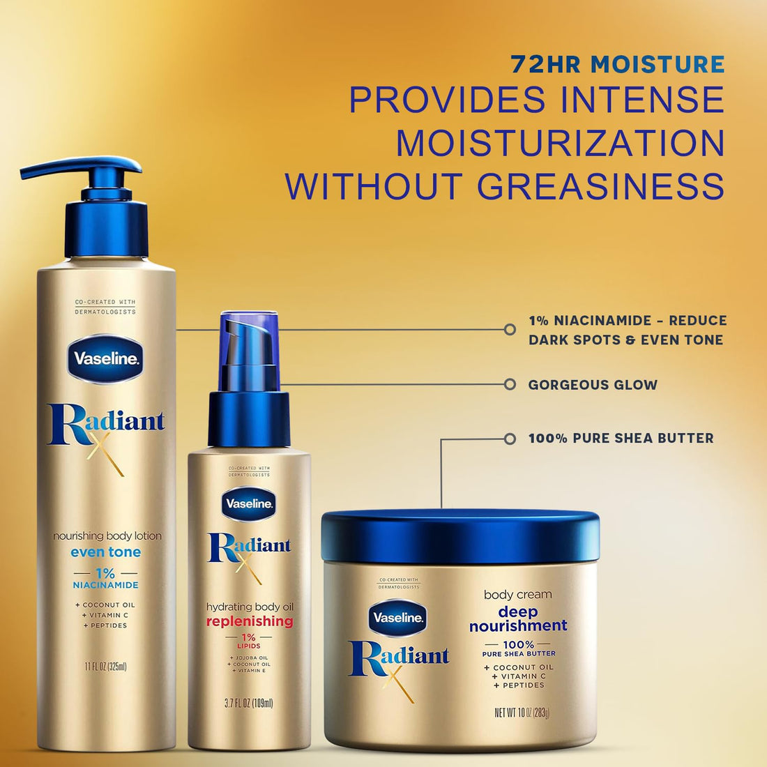 Vaseline Radiant X Skin Care Set –Even Tone Nourishing Body Lotion with 1% Niacinamide, Deep Nourishment Body Cream with Vitamin C + Hydrating Body Oil with Vitamin E (3 Piece Set)