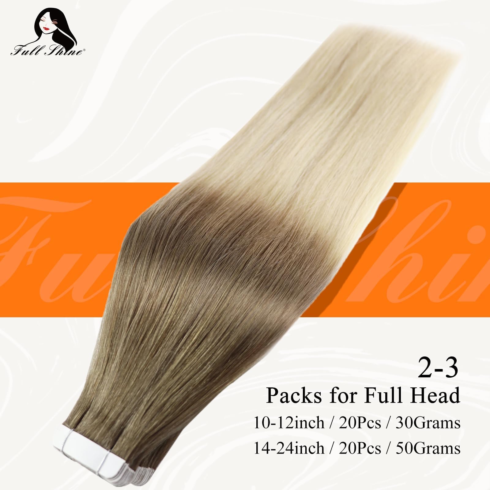 Full Shine 16 Balayage Tape in Extensions Glue in Hair Extensions Human Hair Ombre Color #8 Ash Brown Fading to Blonde #60 and #18 20Pcs 50 Gram