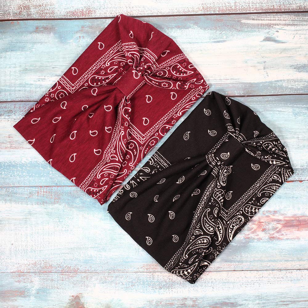 DINPREY Assorted Paisley Print Wide Bandana Knot Headbands Criss Cross Head Wrap Hair Band (4 Colors Pack B)