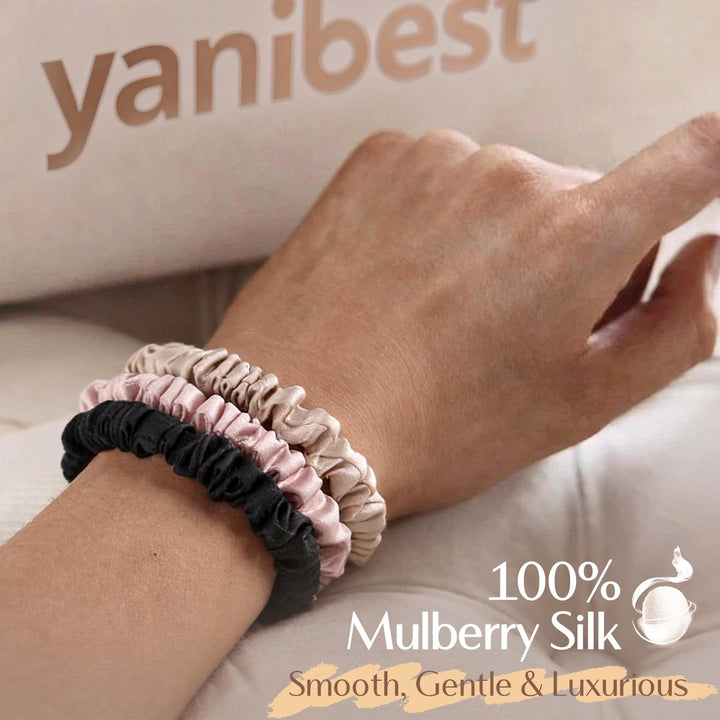 Yanibest 6 pcs 100% Pure Mulberry Silk Scrunchies Non Slip Scrunchies No Damage Silk Hair Ties for Women and Girls, Black Champagne Pink