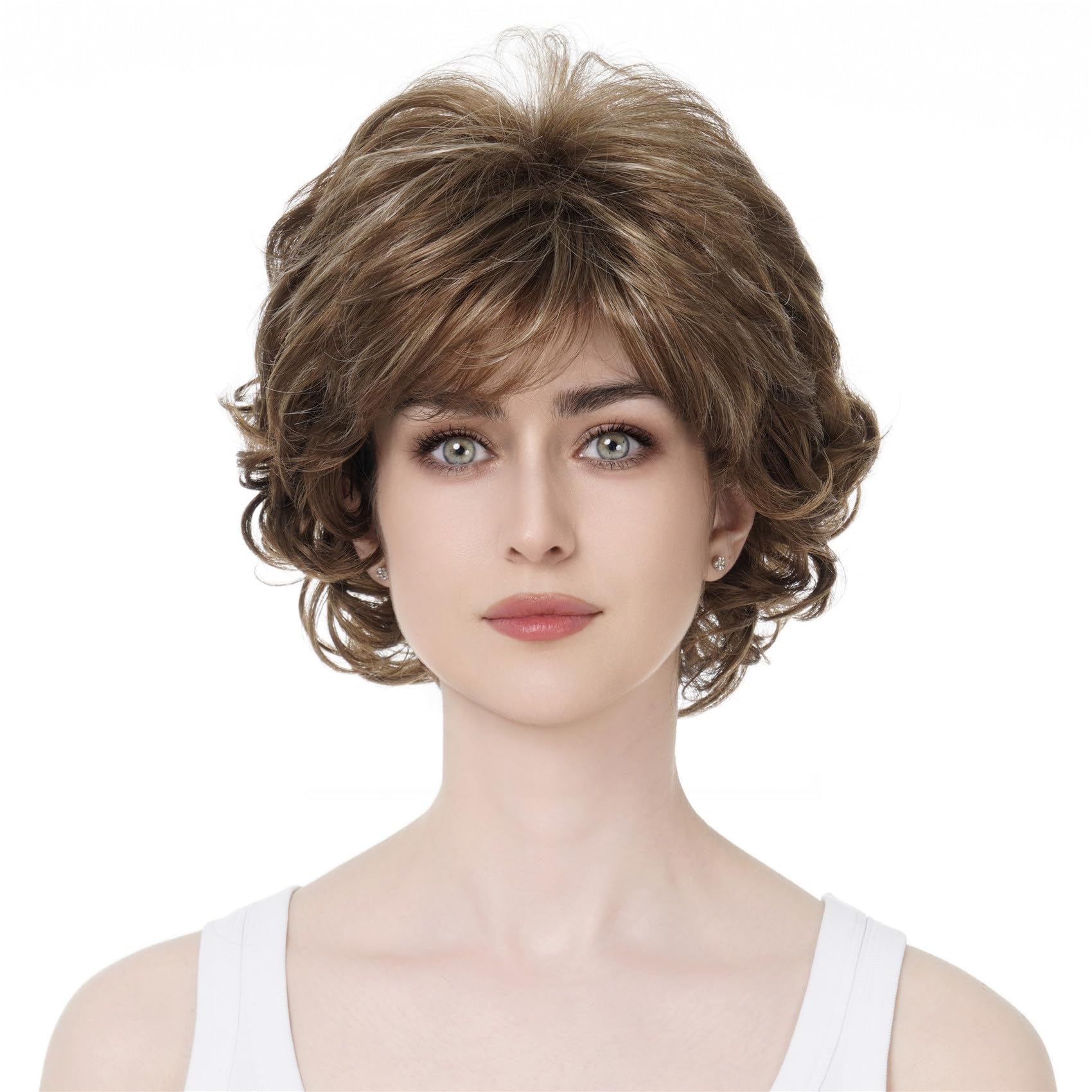 #12TT26-Brown Highlighted: Aimole Short Curly Synthetic Wigs Full Capless Hair Women's Thick Wig for Everyday 12TT26 Brown Highlighted