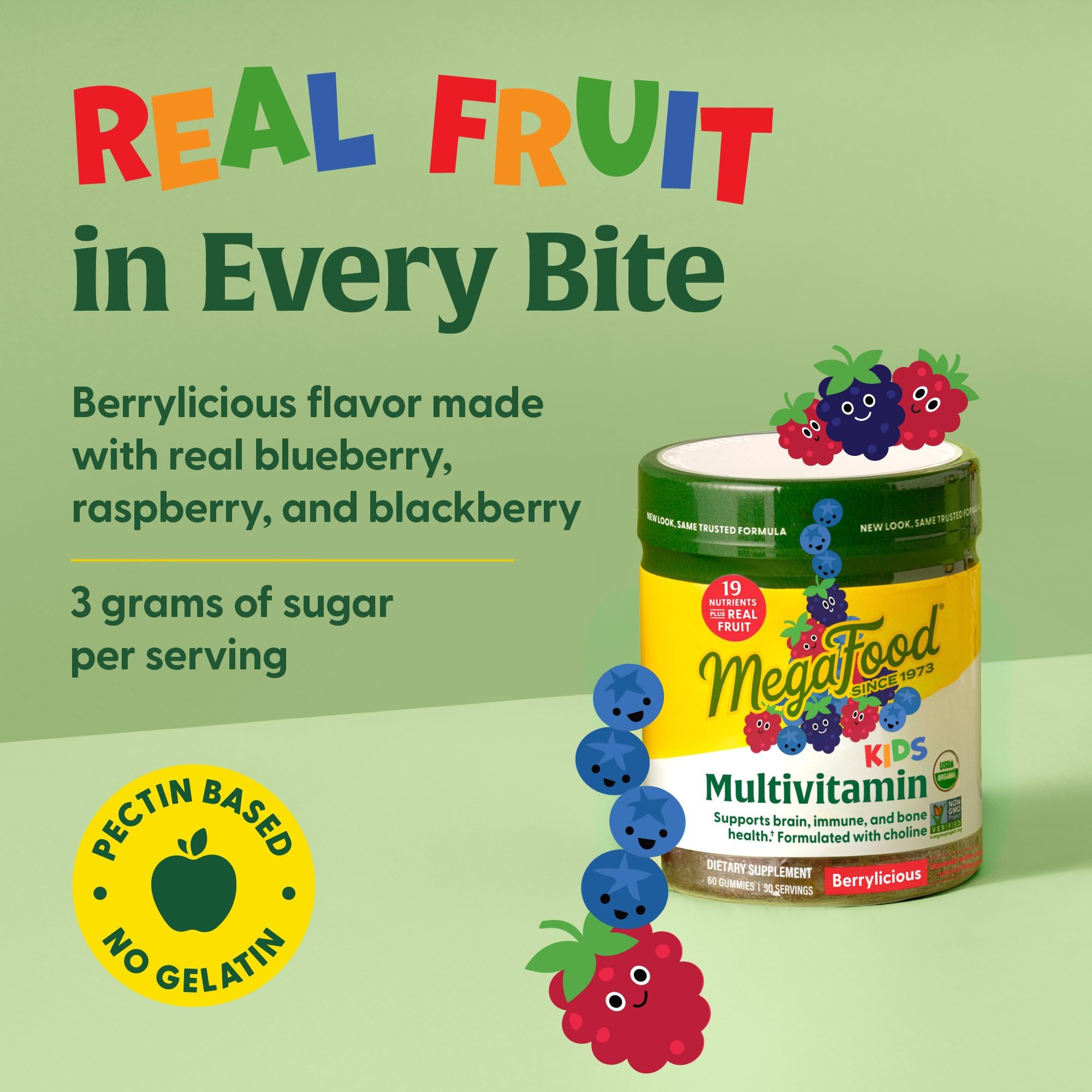 MegaFood Kids Multivitamin Gummies - Kids Vitamins - Age 4+ with Vitamin C, Vitamin D, Zinc, Choline, and Real Fruit - Brain & Immune Support - Berrylicious Flavor - 60 Gummies (30 Servings)
