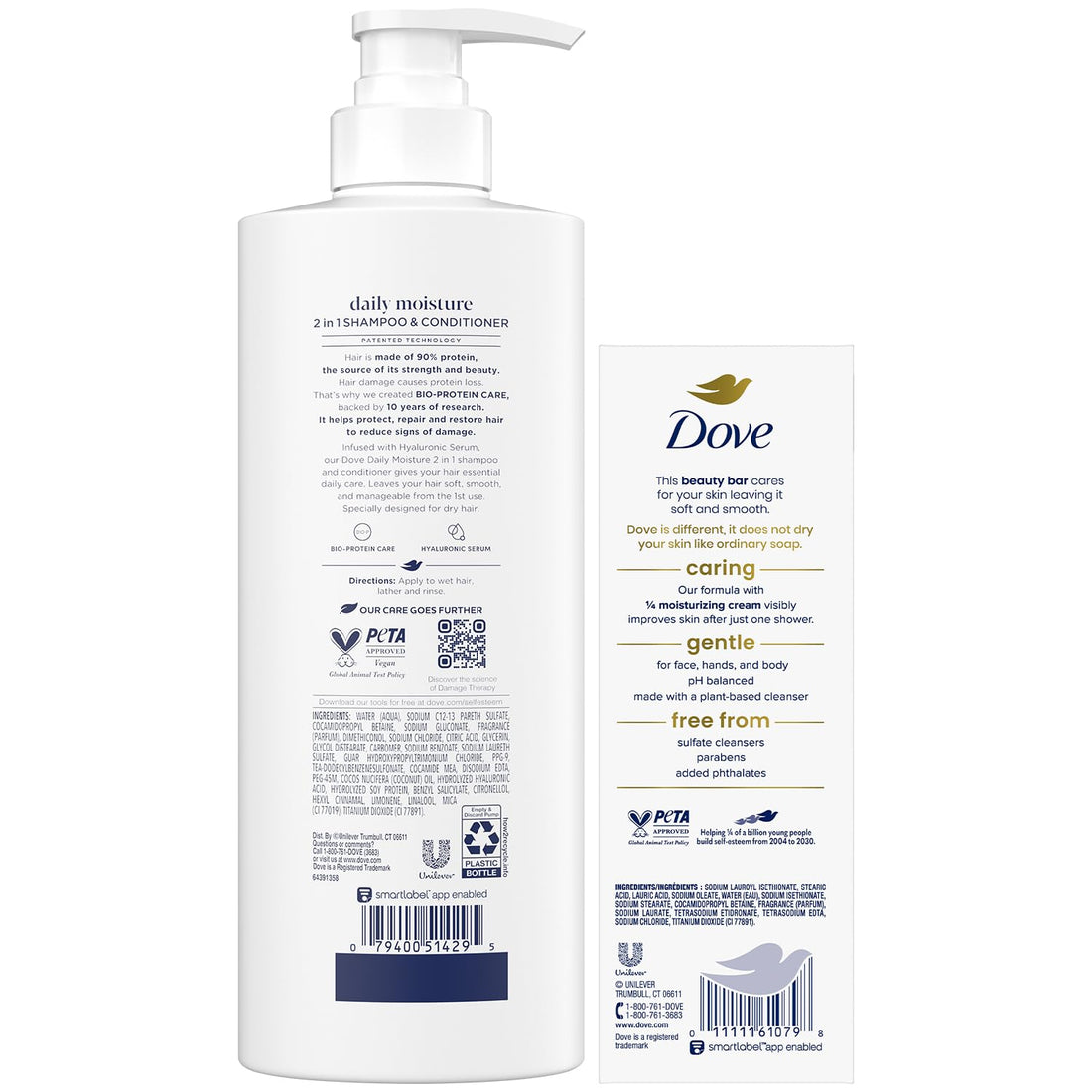 Dove Shampoo & Conditioner 2-in-1 + Dove Beauty Bar Soap 8-Pack – Deep Hydration for Revitalizing Dry Hair and Skin (9-Piece Set)