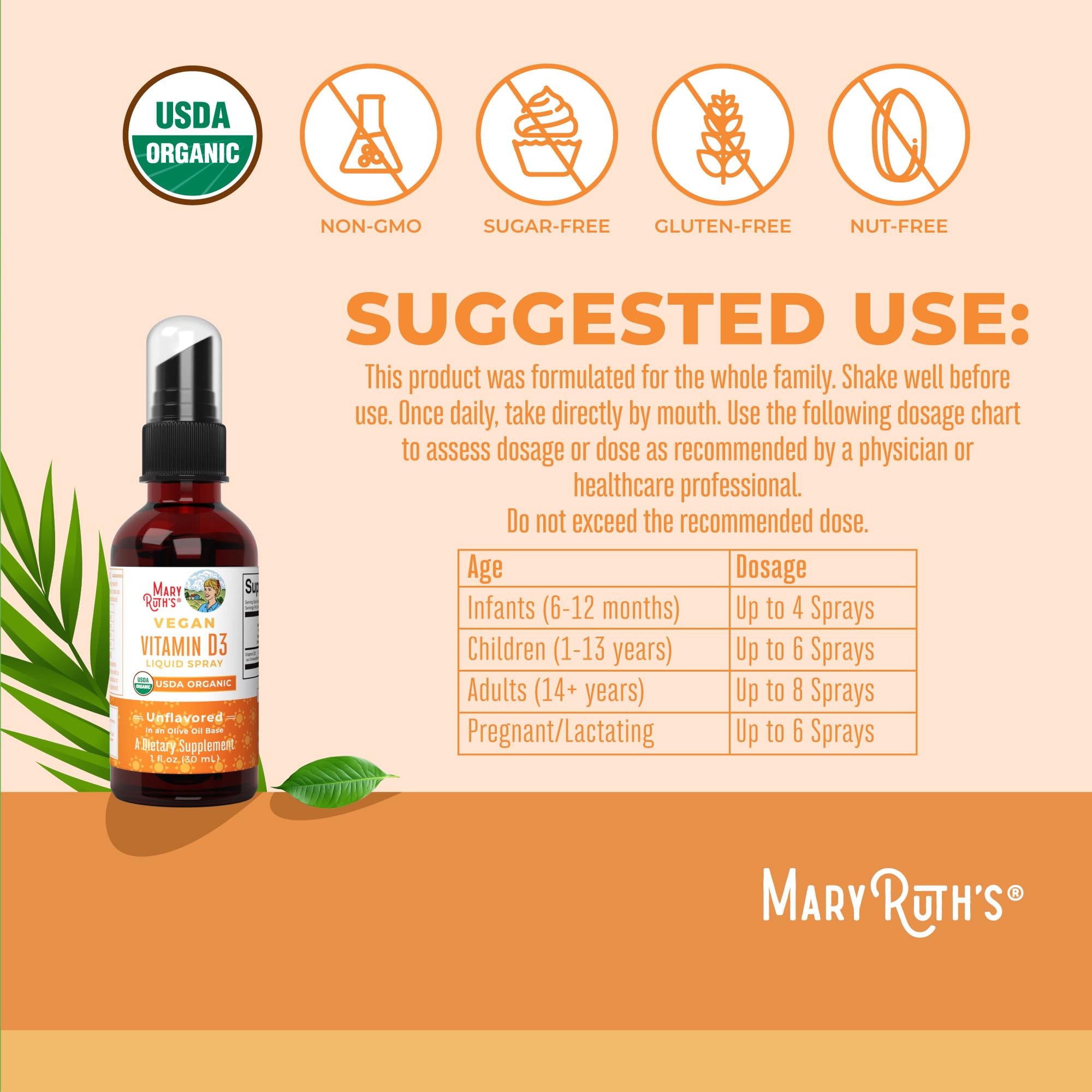 MaryRuth Organics Vitamin D USDA Organic | Vitamin D3 Liquid | Sugar Free | Liquid Vitamin D Spray Immune Support for Adults & Kids | Bone Health | Vit D3 | Vegan | Gluten Free | Non-GMO | 30 Servings