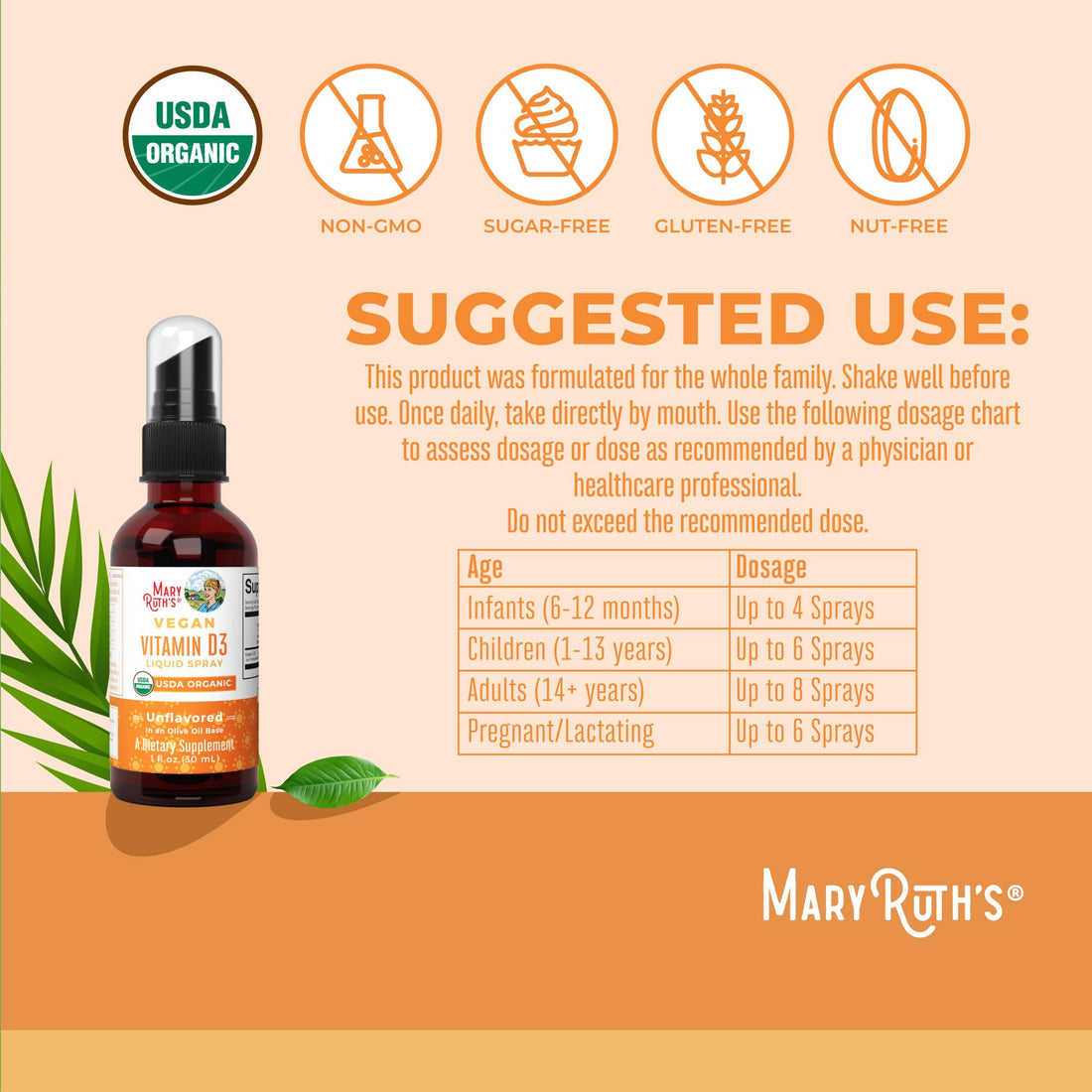 MaryRuth Organics Vitamin D USDA Organic | Vitamin D3 Liquid | Sugar Free | Liquid Vitamin D Spray Immune Support for Adults & Kids | Bone Health | Vit D3 | Vegan | Gluten Free | Non-GMO | 30 Servings