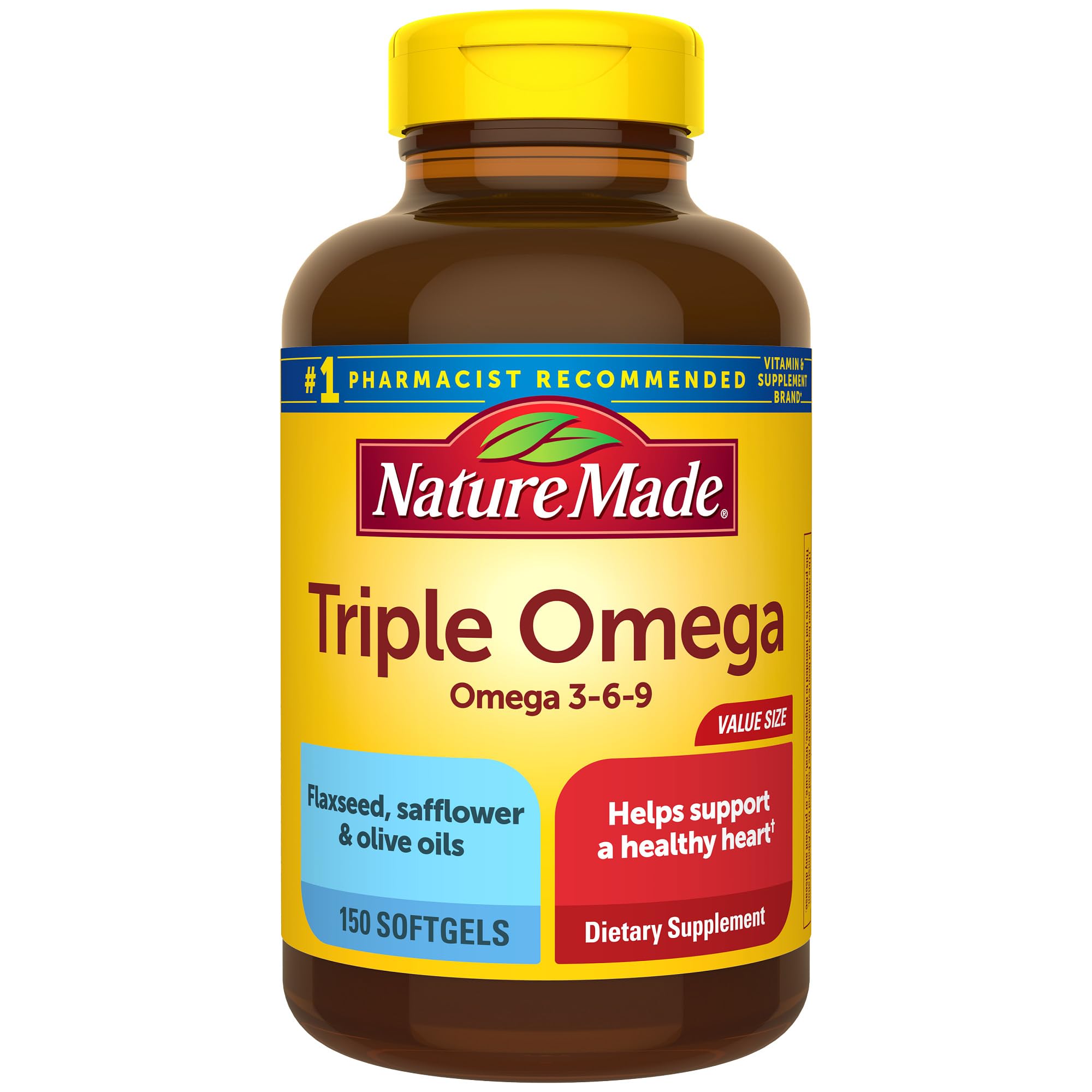 Nature Made Triple Omega 3 6 9, Flaxseed, Safflower, & Olive Oils, Healthy Heart Support, Fish Free Omega 3 Supplement, 150 Softgels, 75 Day Supply