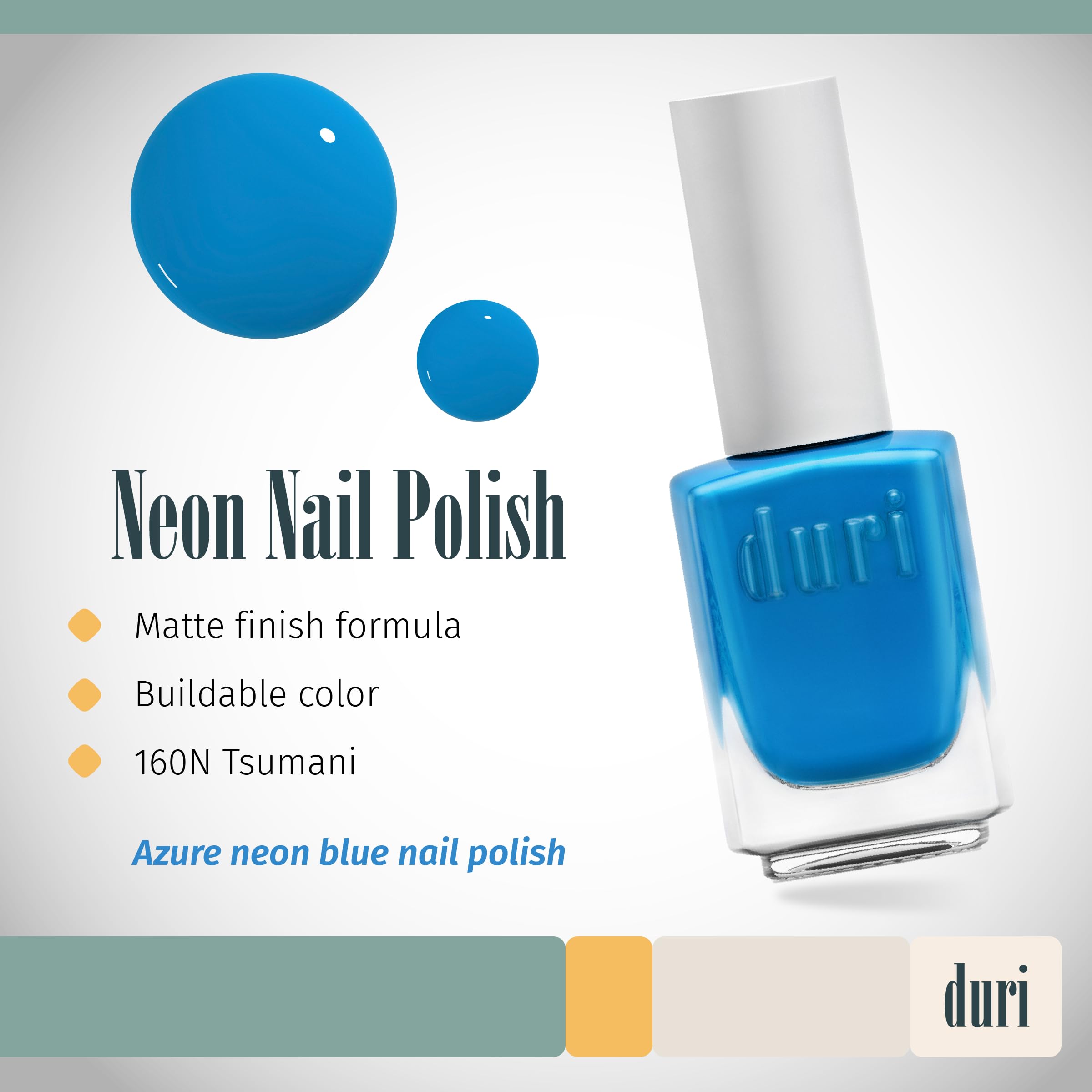 duri Nail Polish, 160N Tsunami, Neon Blue, Matte, Opaque, 0.5 fl.oz.