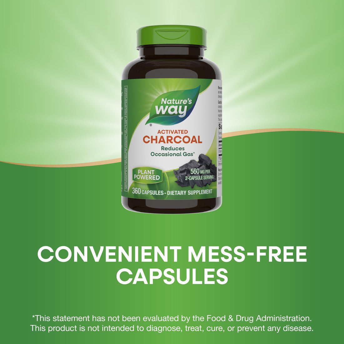 Nature's Way Activated Charcoal, Binds Unwanted Materials and Gas in the Digestive Tract*, 560 mg per 2-Capsule Serving, 360 Capsules (Packaging May Vary)