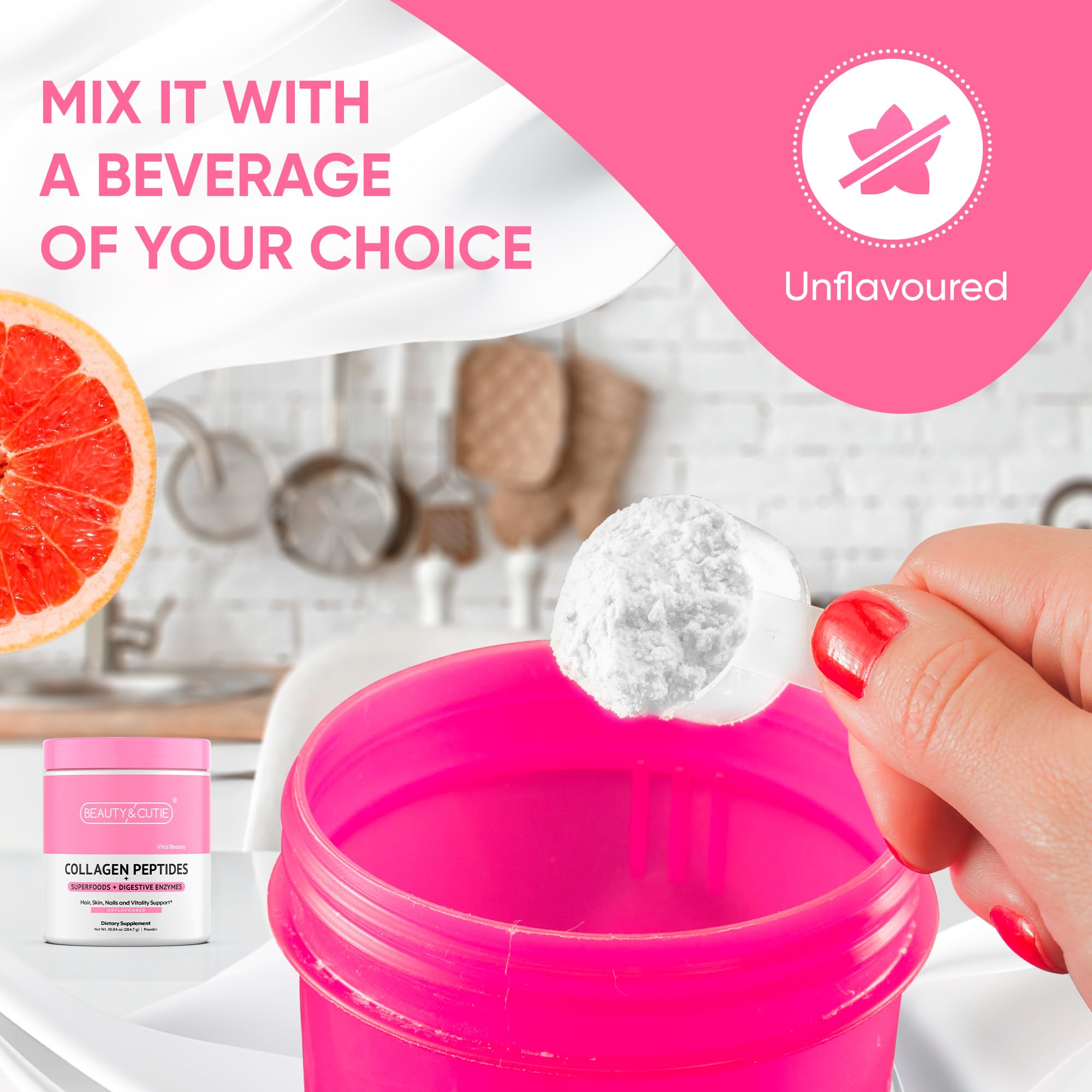 BEAUTY AND CUTIE Collagen Peptides with Superfoods and Digestive Enzymes, Powder, Grass Fed, Pasture Raised, for Hair, Skin, Nails, and Immune System Support, Unflavored, Gluten Free,10.04 oz