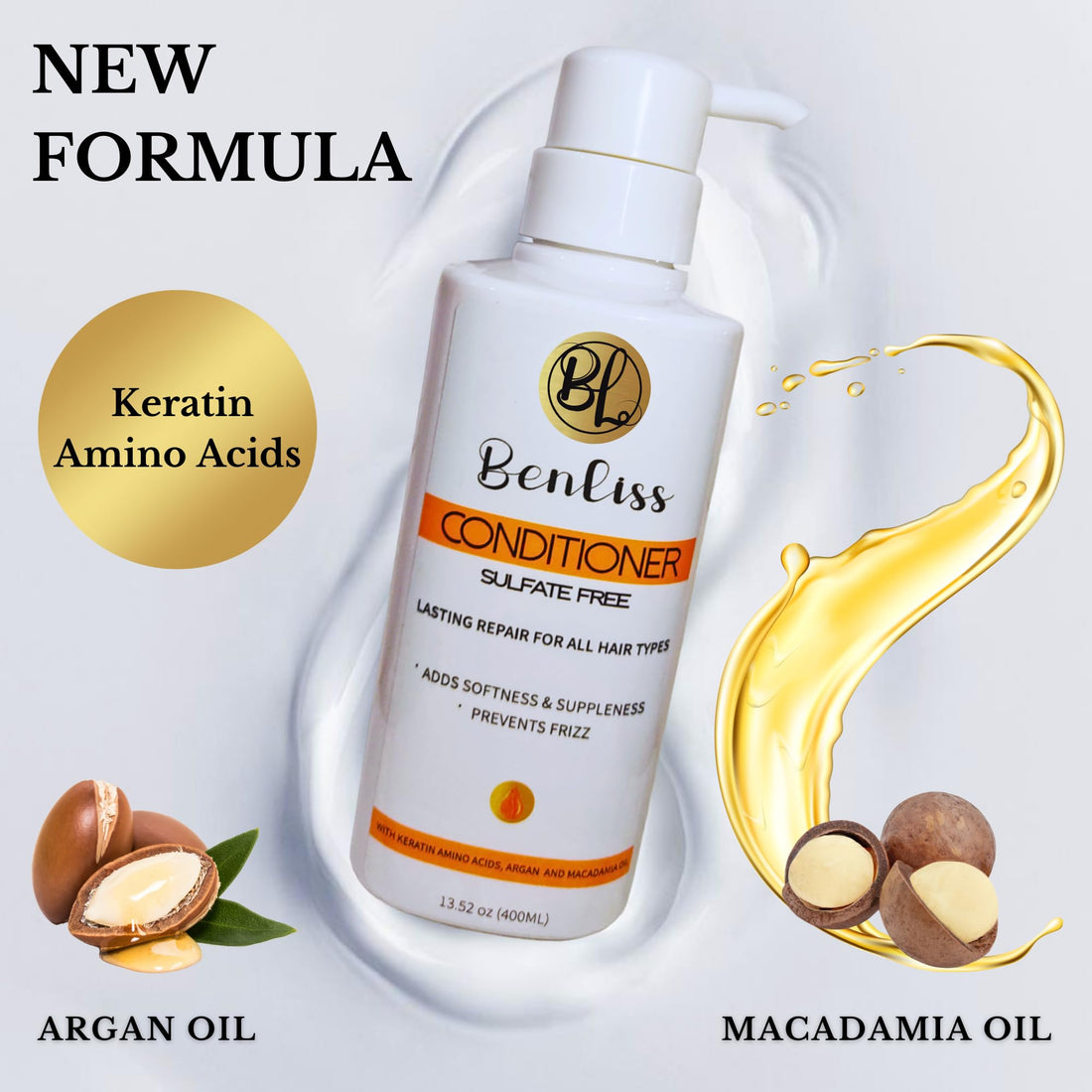 Benliss Shampoo and Conditioner Set With Argan and Macadamia Oil- Sulfate Free - For Straight, Curly, Frizzy, Dry - Hair Repair for Damaged Hair - Anti Frizz - Removing Split Ends