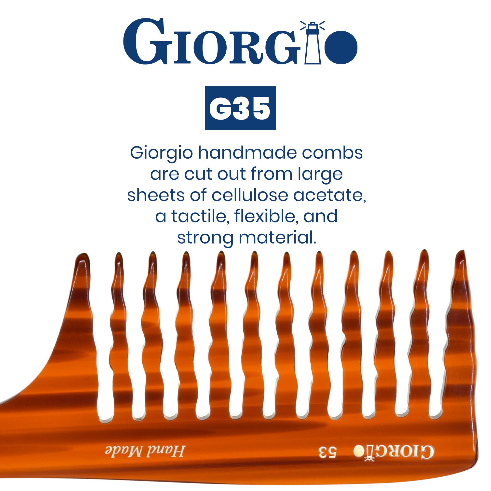 GIORGIO G53 8 Hand Made Tortoise Detangle Comb Wide Teeth. HandMade of Durable Cellulose Acetate Sawcut and Polished.