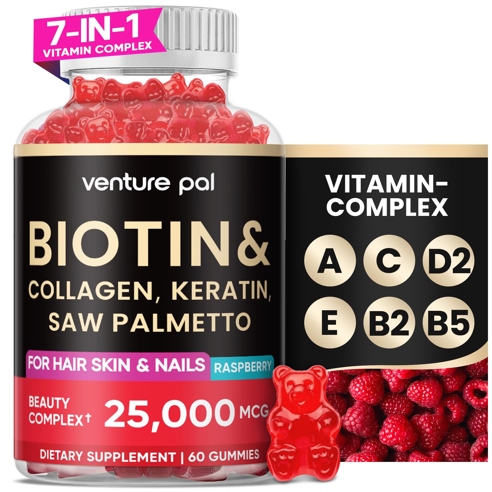 Venture Pal Biotin Gummies 10,000 mcg for Hair Skin and Nails, Collagen, Keratin, Saw Palmetto, Supports Hair Growth, Stronger Nails & Healthy Skin for Women & Men, Non-GMO, Gluten-Free, 60ct
