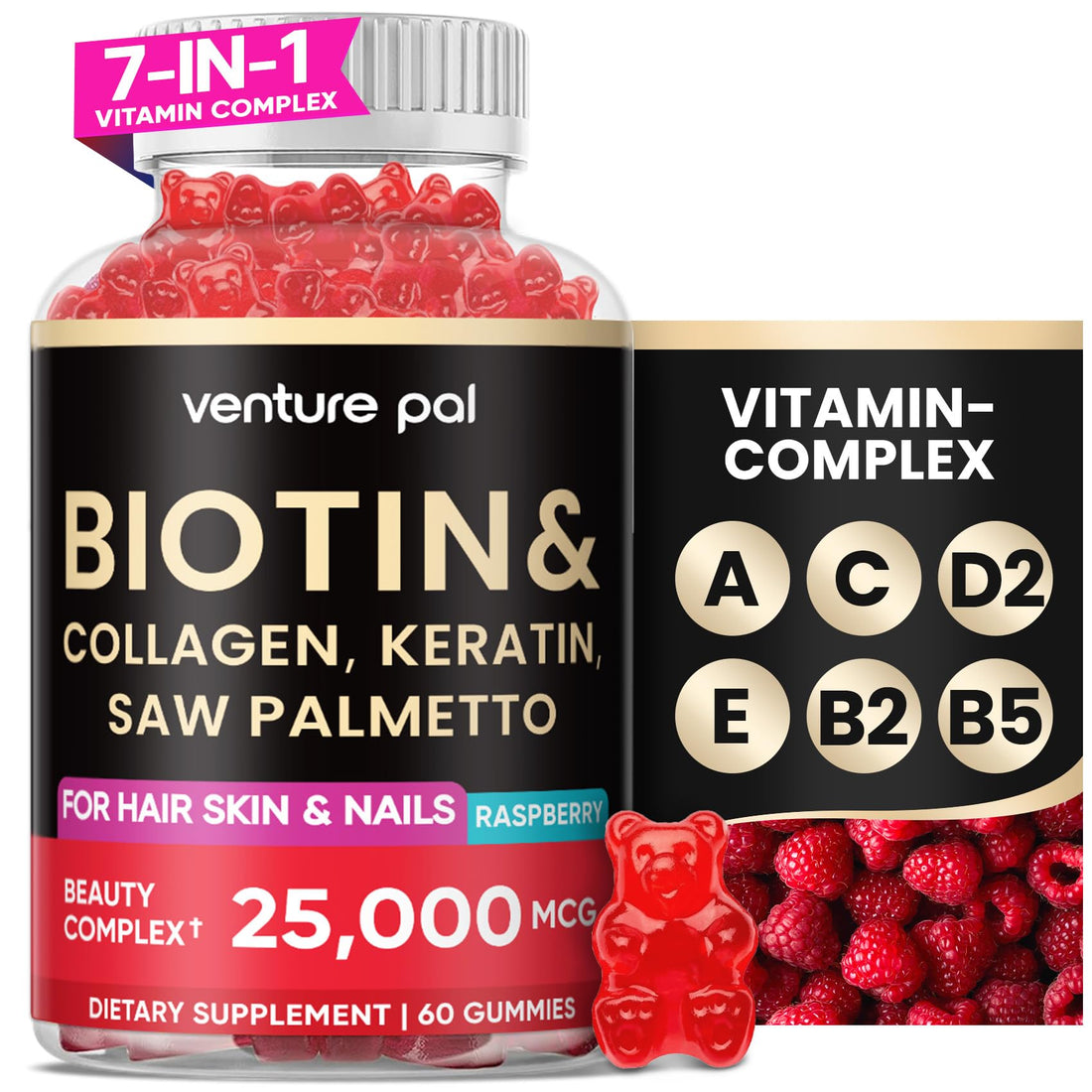 Venture Pal Biotin Gummies 10,000 mcg for Hair Skin and Nails, Collagen, Keratin, Saw Palmetto, Supports Hair Growth, Stronger Nails & Healthy Skin for Women & Men, Non-GMO, Gluten-Free, 60ct