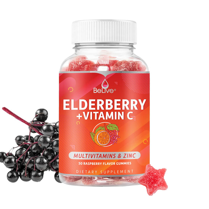 BeLive Elderberry Gummies with Zinc and Vitamin C, D, A, E, B12-50 Ct I Immune Support Supplement for Healthy Bones & Teeth, Vegan, Keto & Non-GMO - Raspberry Flavor