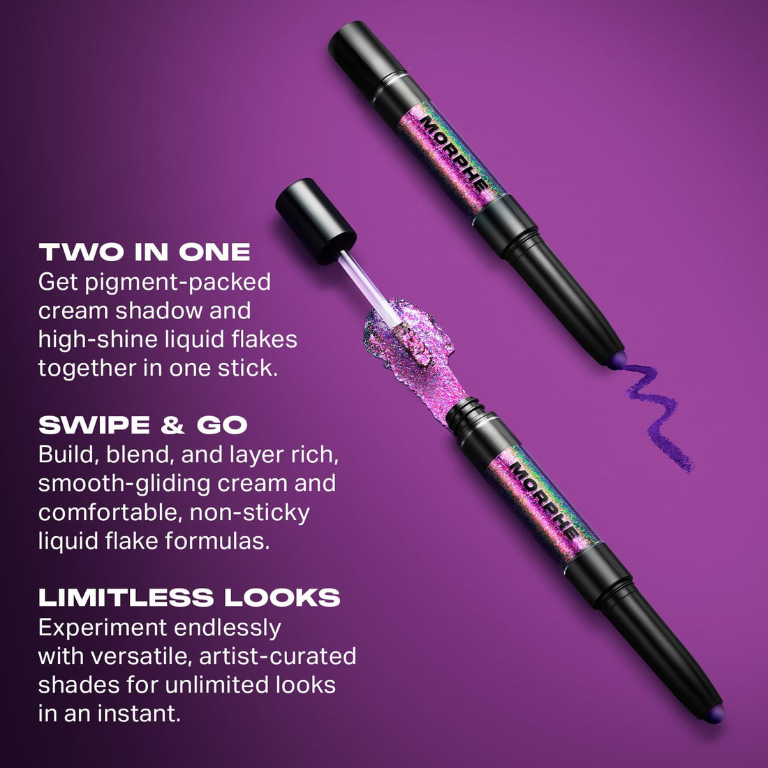 Morphe Mixed Signals Dual-Ended Eyeshadow Stick - Cream Eyeshadow Pigment & Chrome Liquid Flakes for Bold, Layered Eye Makeup Looks - Into It/Over It (0.96 oz)