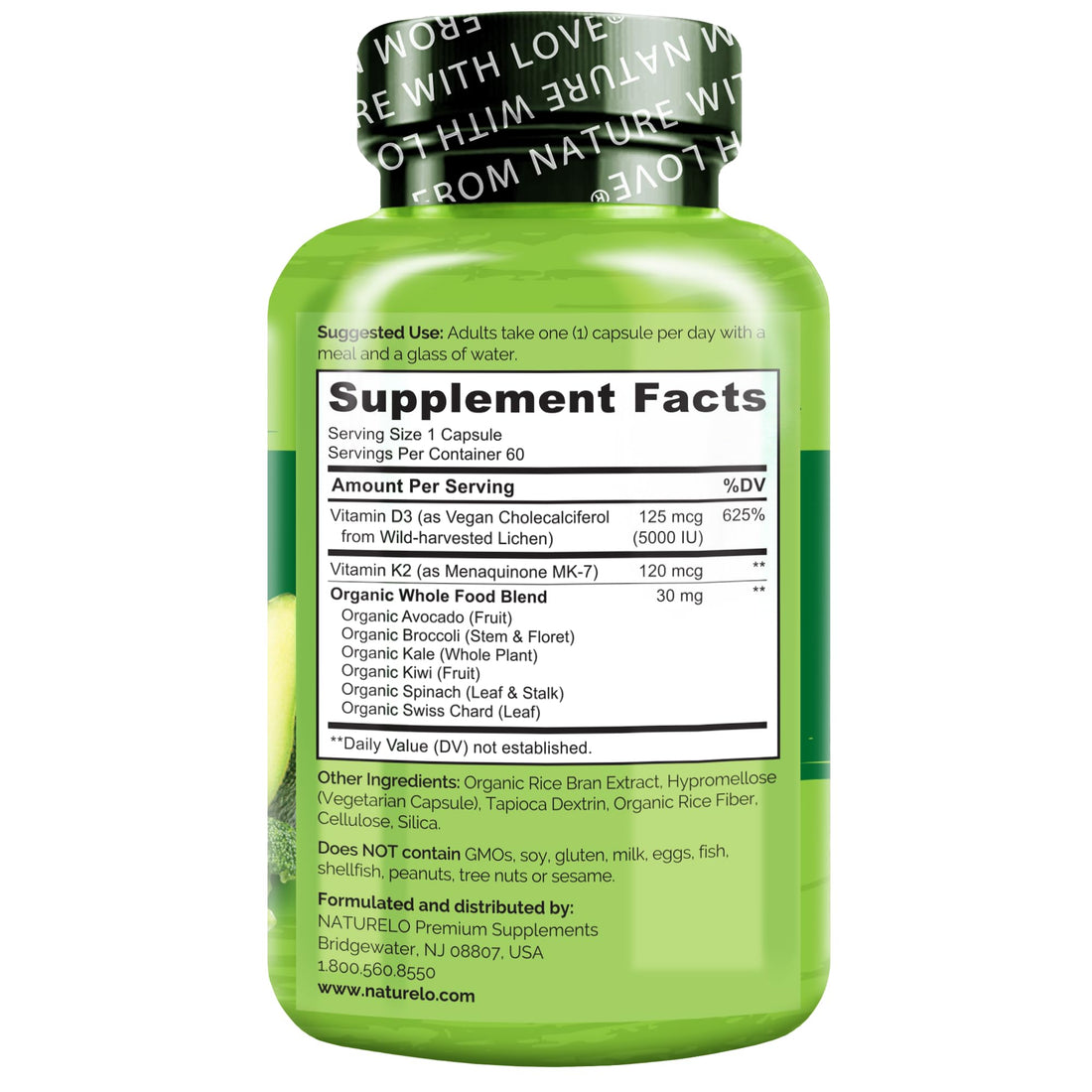 NATURELO Vitamin D3 K2 - Vegan K2+D3 with Plant Based D3 from Lichen - Natural D3 Supplement for Immune System, Bone Support, Heart Health - Whole Food - Non-GMO - Gluten Free, 60 Capsules