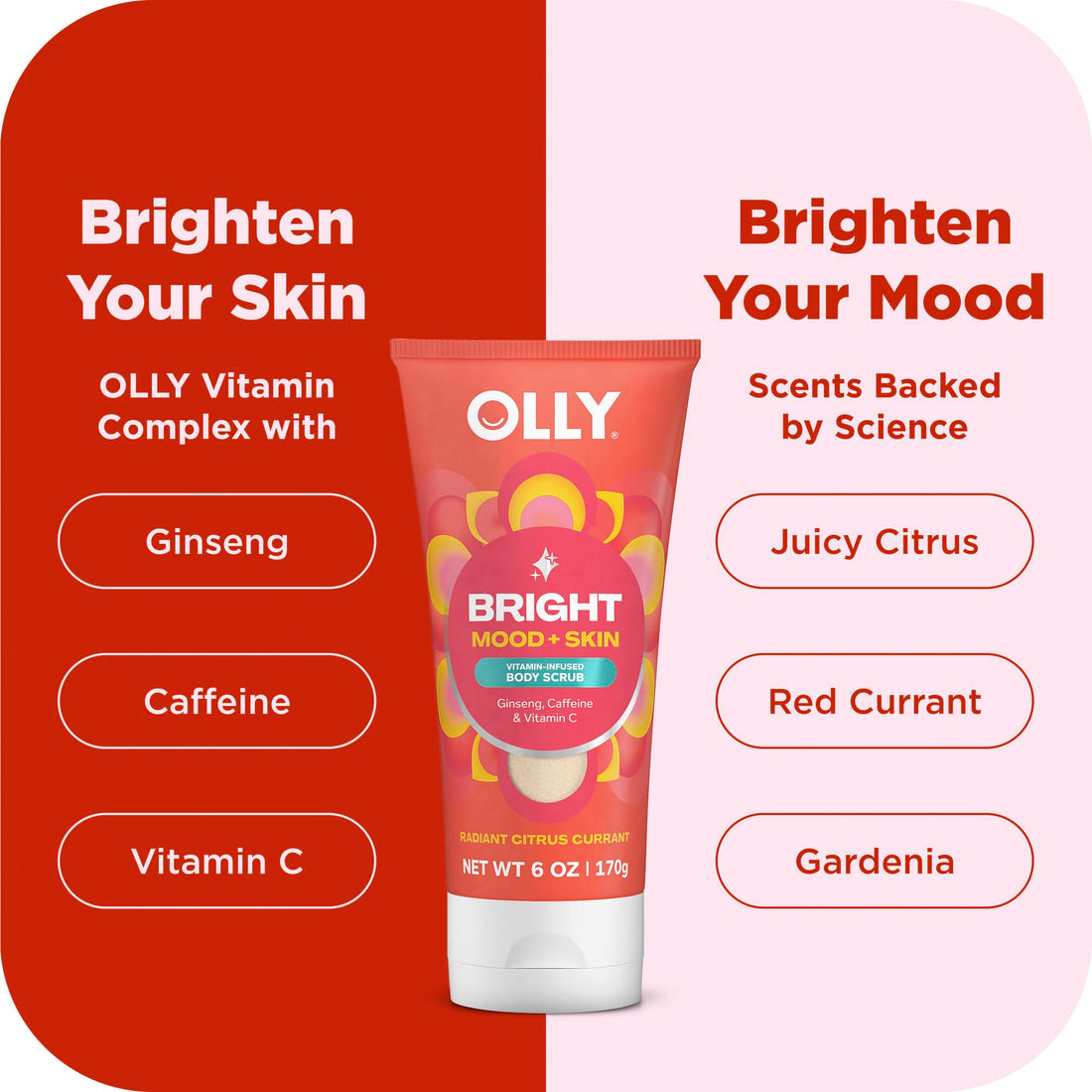 OLLY Bright Body Scrub with Ginseng, Caffeine & Vitamin C– Nourishing Cleanser for Skin Exfoliation, SkinBarrier Repair, Citrus Currant Scent, 6 oz