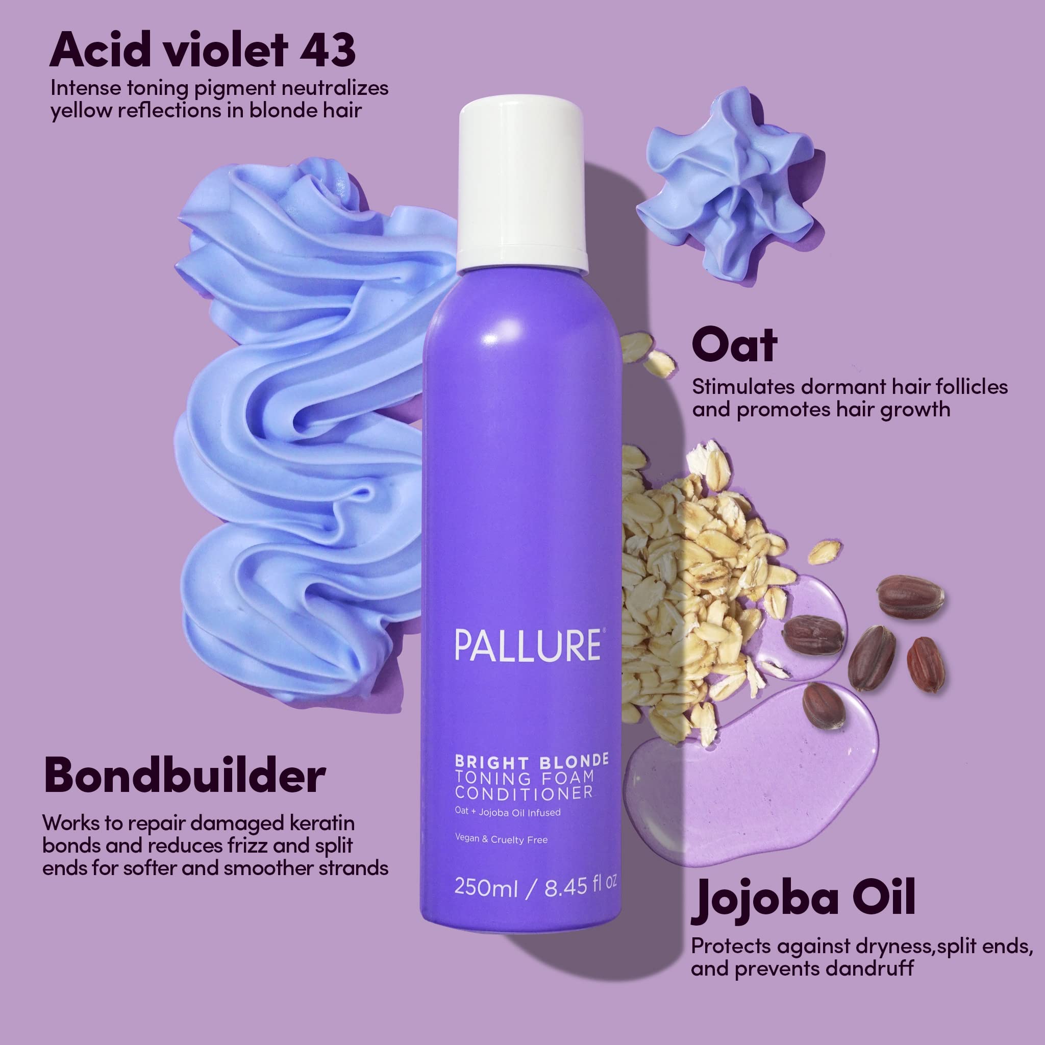 Pallure Bright Blonde Hair Toning Foam Conditioner, Reduces Brassiness And Yellow Tones – For Blonde, Silver, Ash Hair, Vegan and Cruelty Free, 250 ml