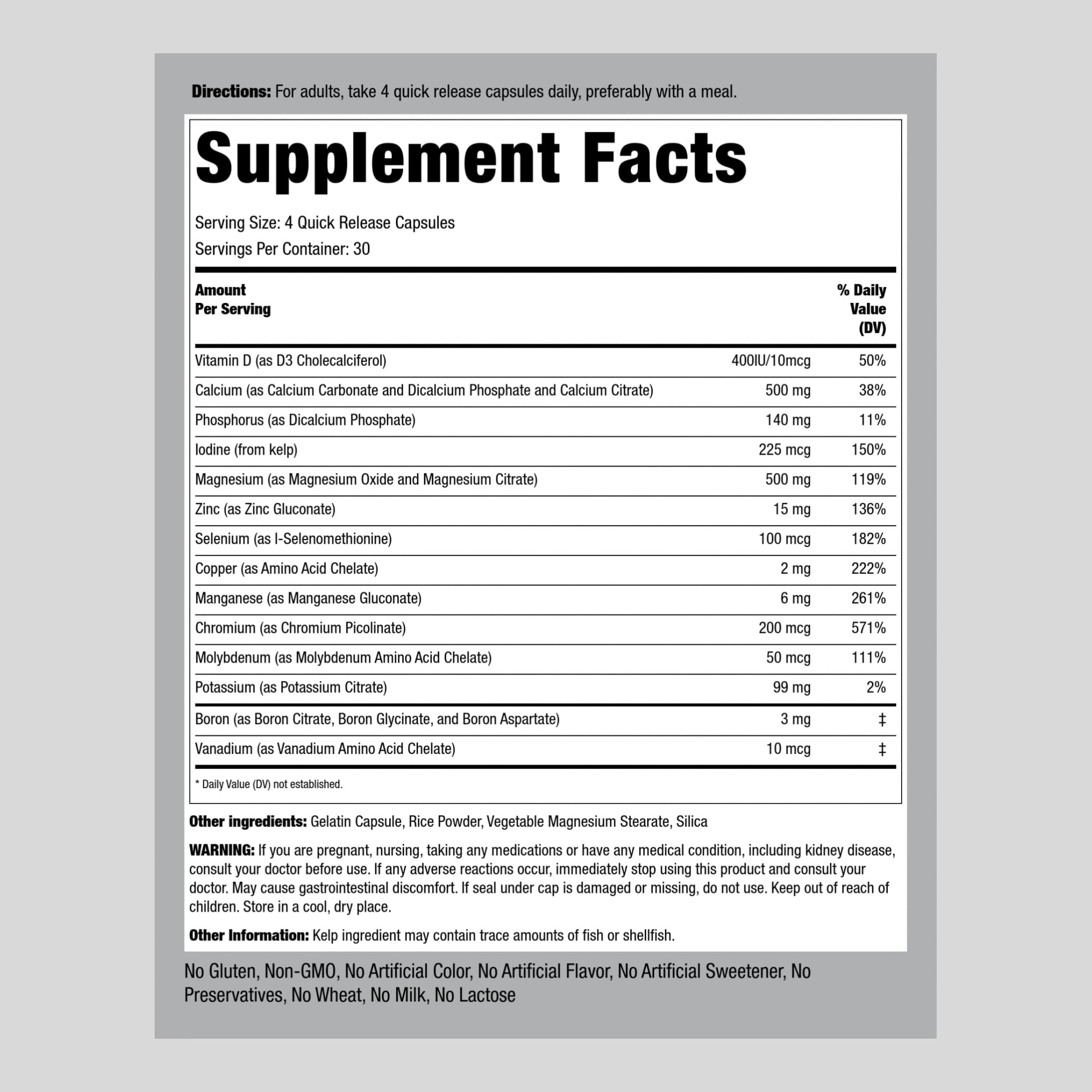 Piping Rock Mega Multi Mineral Chelated Supplement | 120 Capsules | Iron Free | Non-GMO, Gluten Free