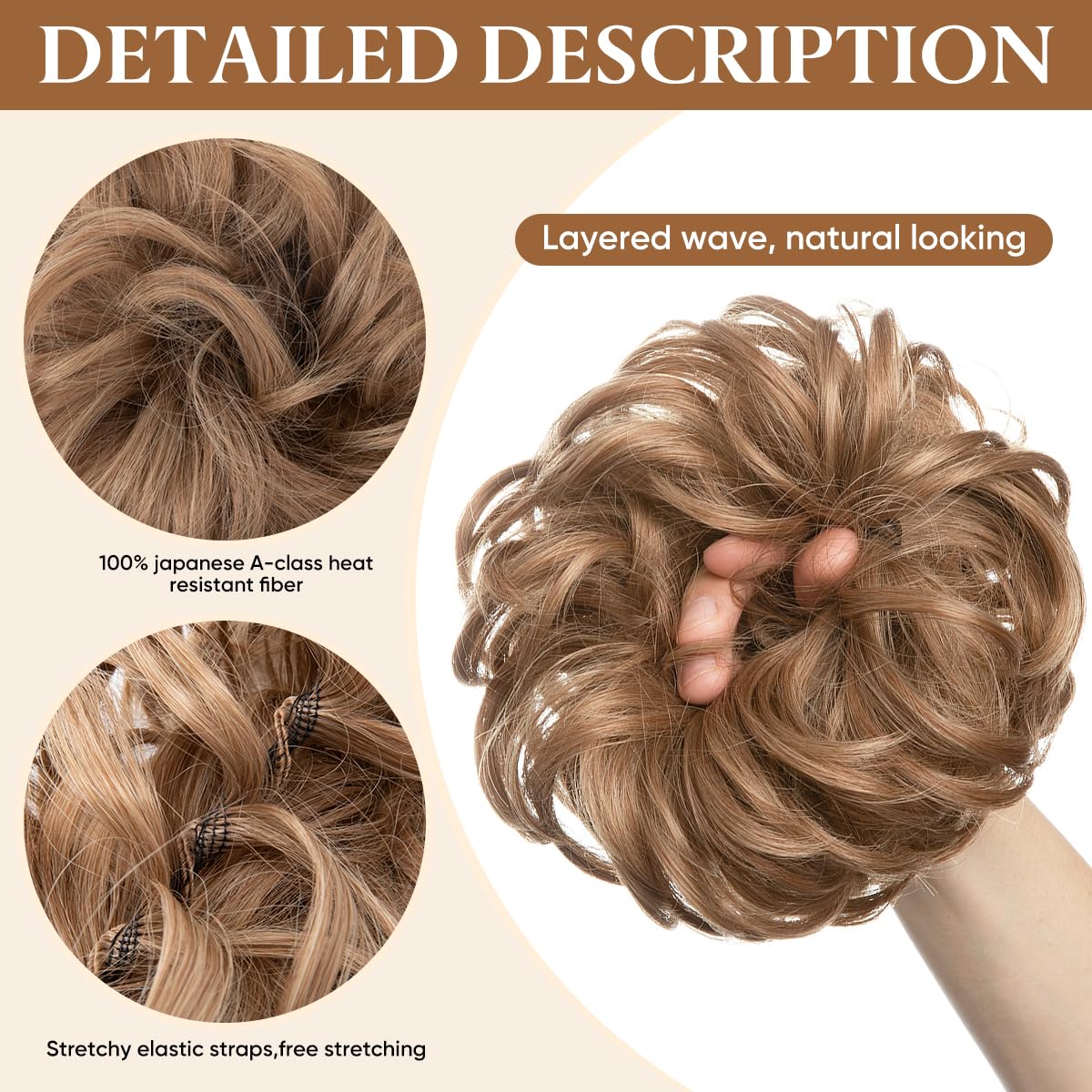 CJL HAIR Large Messy Bun Hair Piece Wavy Curly Scrunchies Synthetic Chignon Ponytail Hair Extensions Thick Updo Hairpieces for Women Dark Brown/Golden Blonde