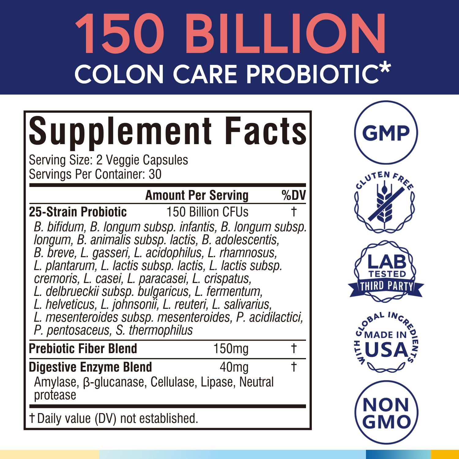 Terranics Daily Probiotics for Men & Women, 150 Billion 25 Strains Colon Care Probiotics, with Prebiotics & Enzymes, Healthy Regularity, Delayed Release, Shelf Stable, 60 Veggie Caps