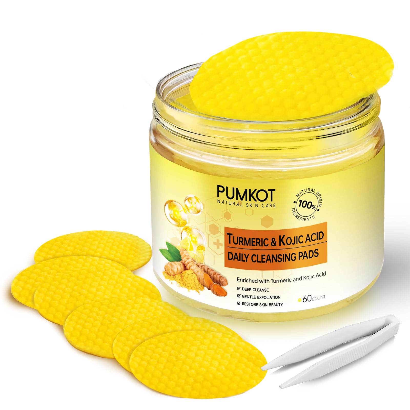 Turmeric Kojic Acid Cleansing Pads, Turmeric Face Scrub Pads Enriched with Kojic Acid and Turmeric, 60PCS